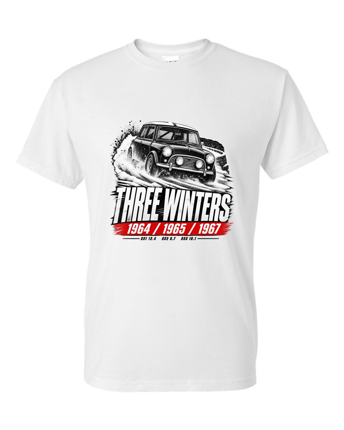 Race poster print of a 1964 Classic Mini Cooper S Mk I rally car with three winters text white t-shirt front view with the design