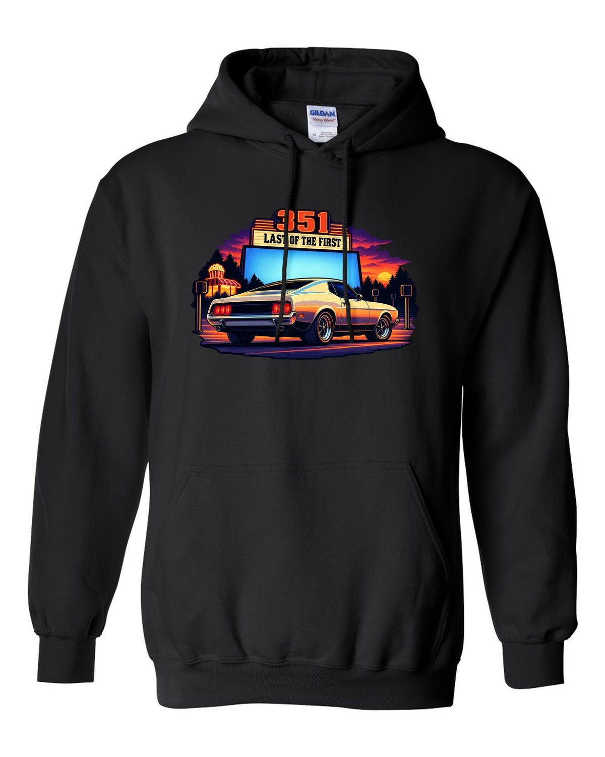 Cel-shaded anime print of a 1973 Ford Mustang fastback at a drive-in black pull over hoodie front view with the design