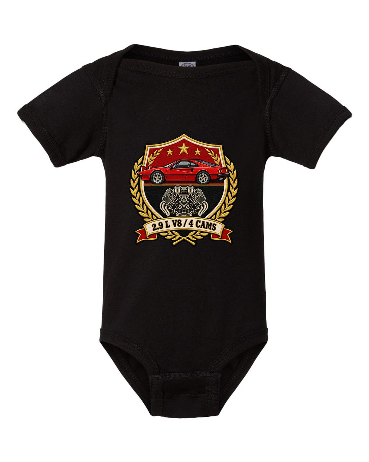 Varsity crest print for the Ferrari 308 GTB with the text 2.9 L V8, 4 cams black baby onesie front view with the design