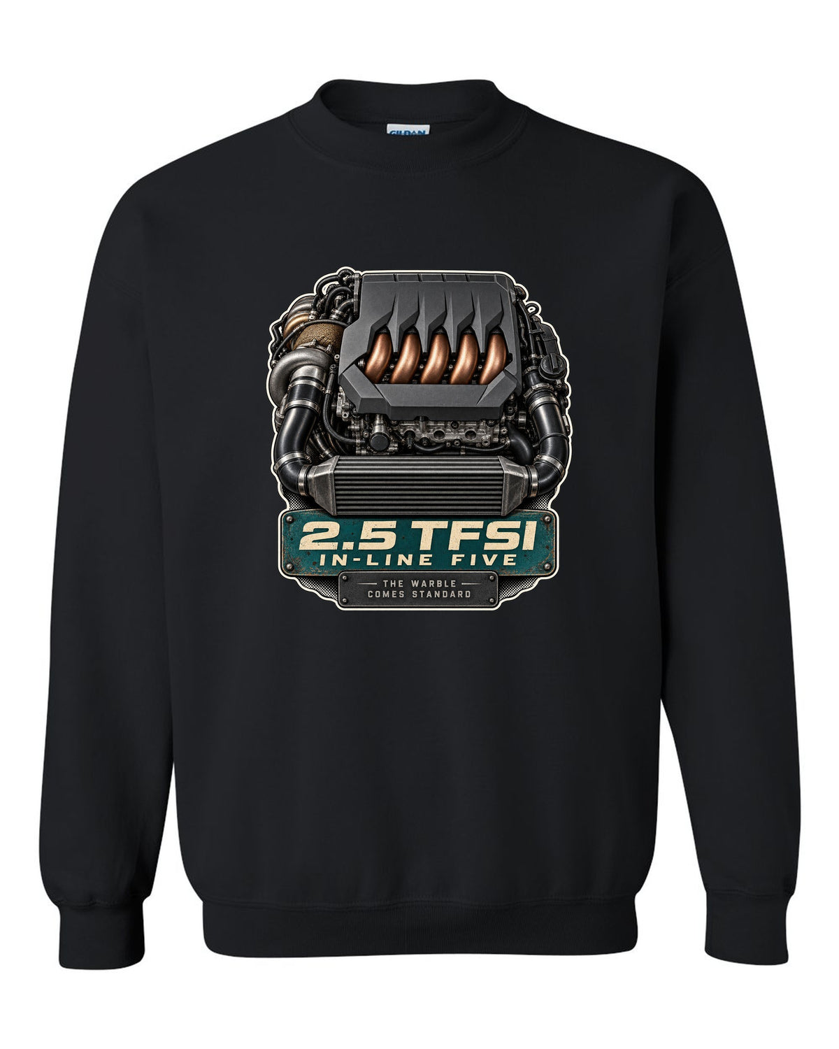 Engine bay print of the Audi RS3 8Y 2.5 TFSI in-line five black crewneck front view with the design