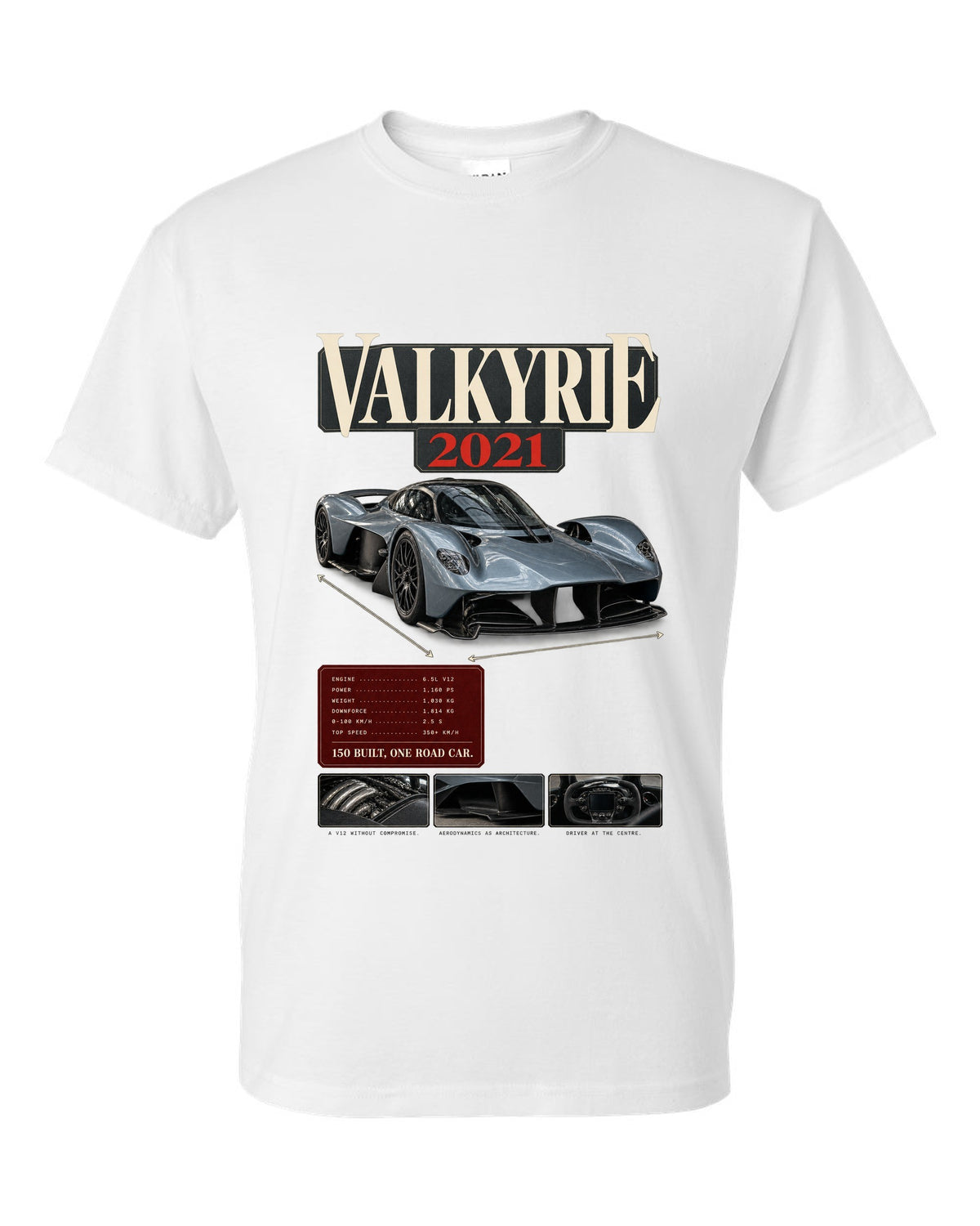 Aston Martin Valkyrie 2021 archive panel print with 150 built one road car text white t-shirt front view with the design