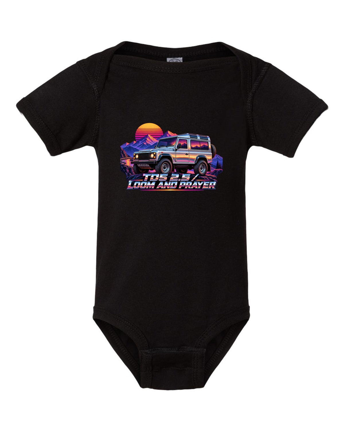 80s airbrush chrome art of a Land Rover Defender 110 Td5 on a sunset mountain pass black baby onesie front view with the design