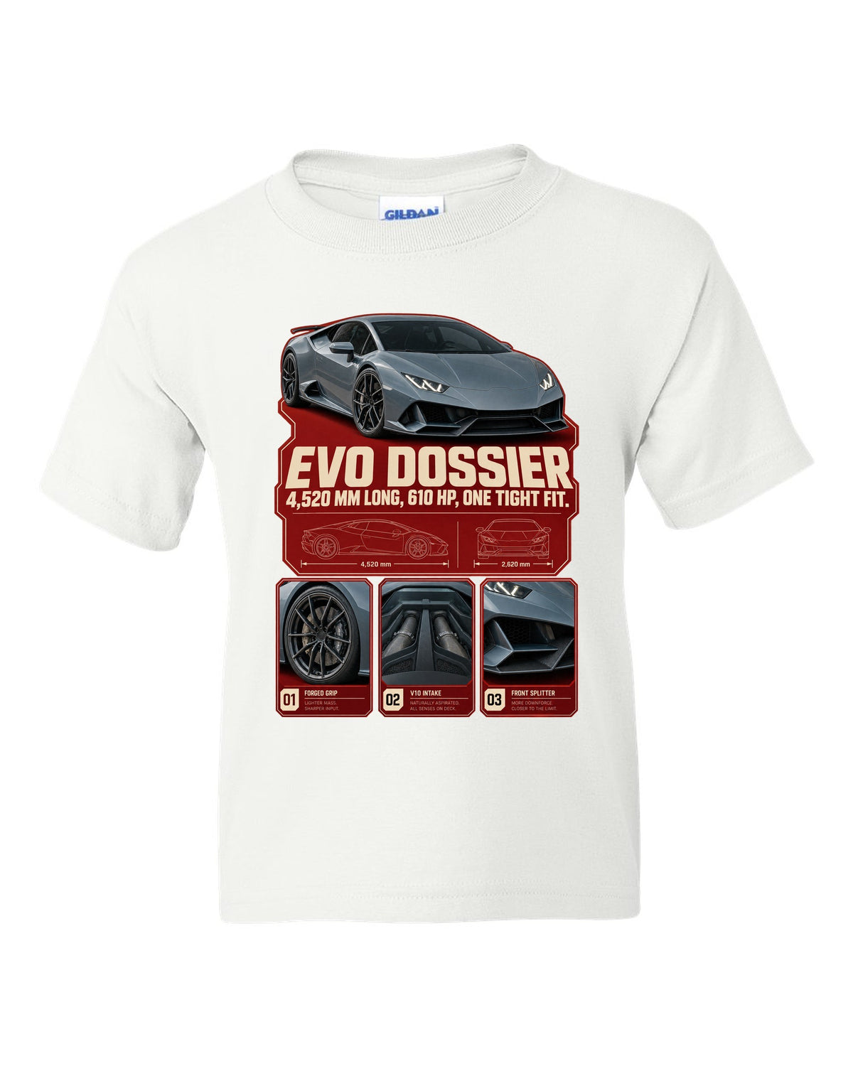 Dossier panel print of the Lamborghini Huracan EVO white kids tee front view with the design