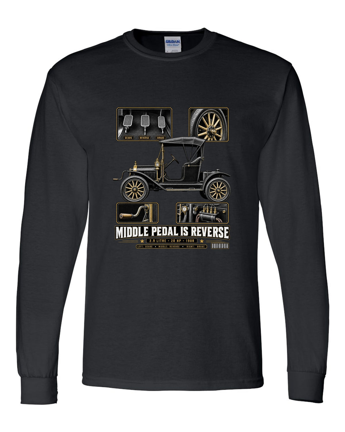 Dossier panel print of a Ford Model T runabout showing its three pedals black long sleeve front view with the design