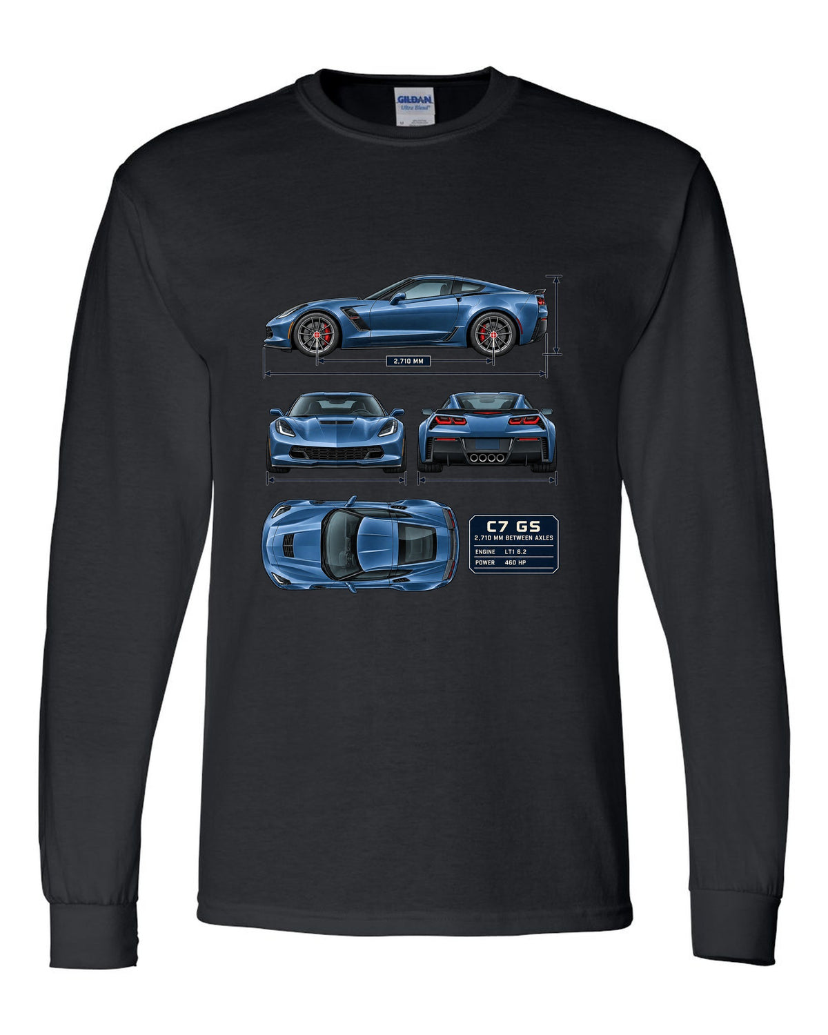 print of a Chevrolet Corvette C7 Grand Sport dimension blueprint with 2,710 mm wheelbase black long sleeve front view with the design