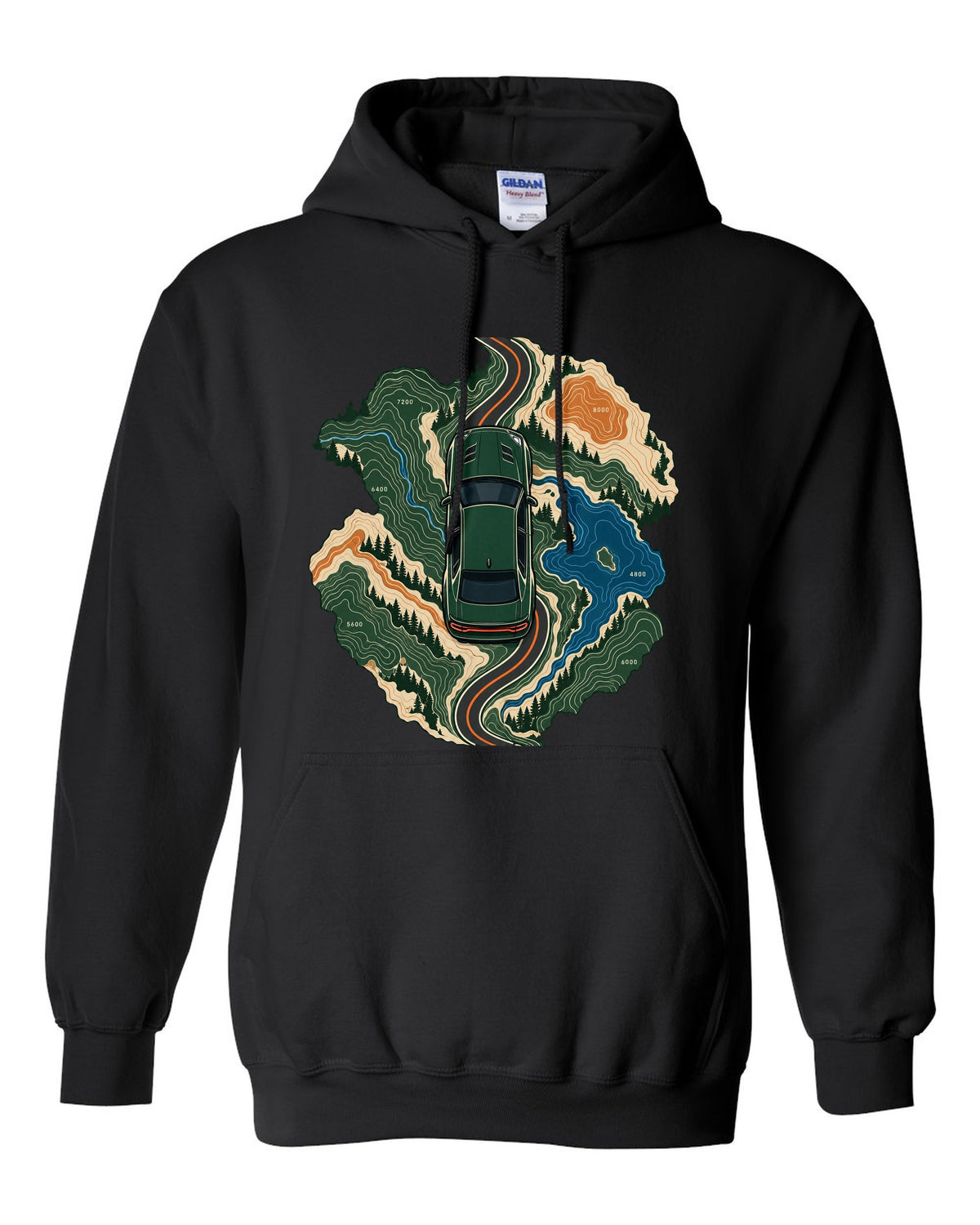Topographic route map design with a 2019 Dodge Charger Scat Pack and 392 HEMI caption black pull over hoodie front view with the design