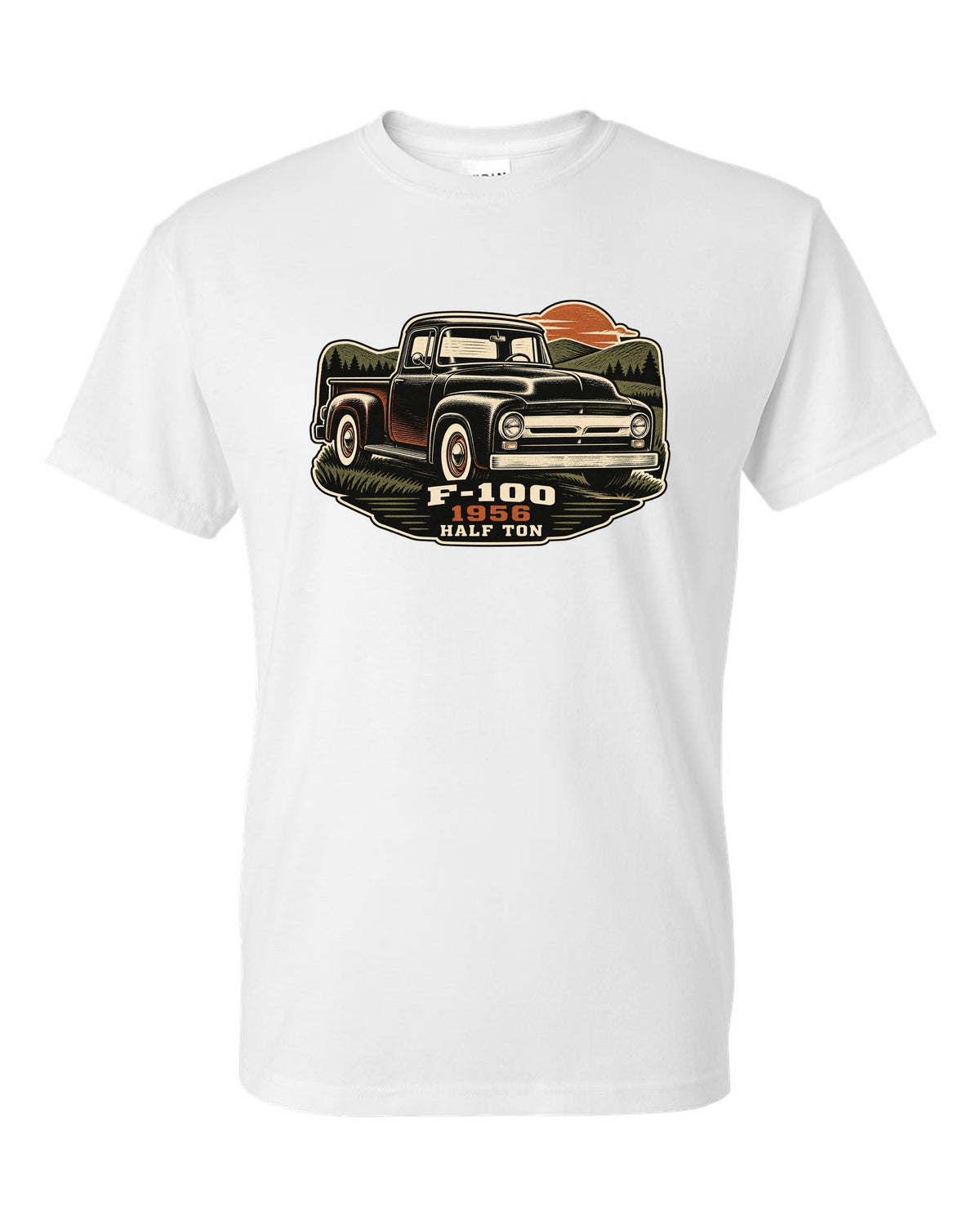 Dusk linocut print of a 1956 Ford F-100 pickup with Half Ton lettering white t-shirt front view with the design