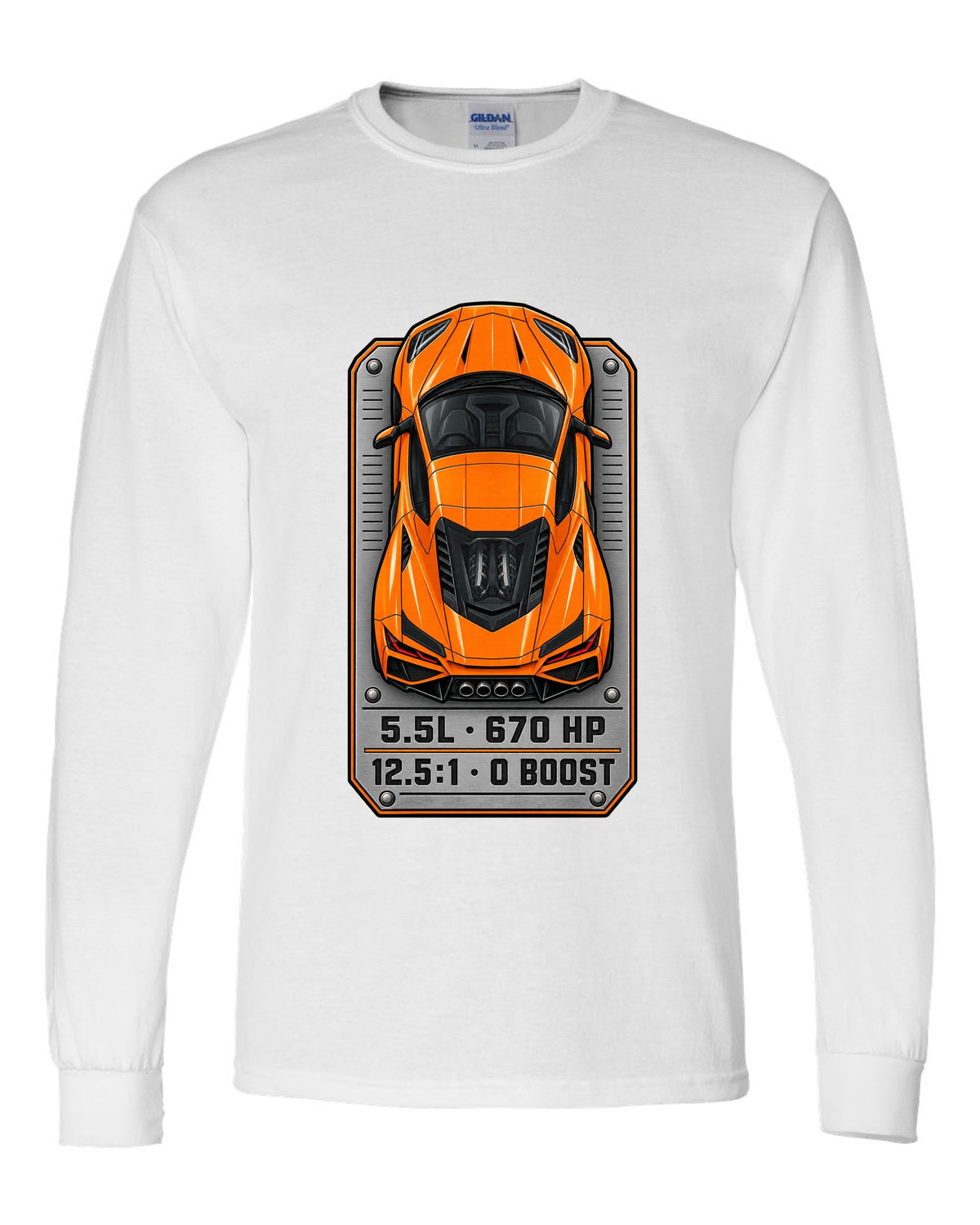 80s airbrush chrome style design of a 2025 C8 Corvette ZR1 white long sleeve front view with the design