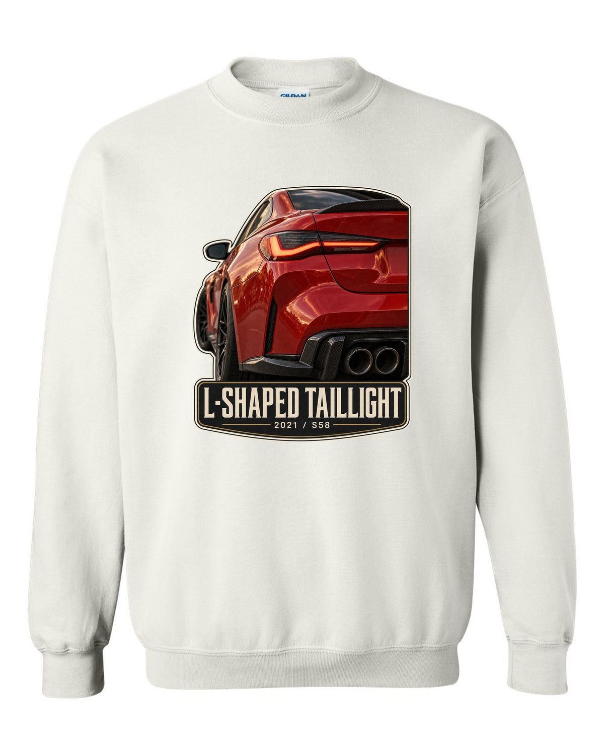 BMW M4 Competition G82 L-shaped taillight macro print with 2021 and S58 text white crewneck front view with the design