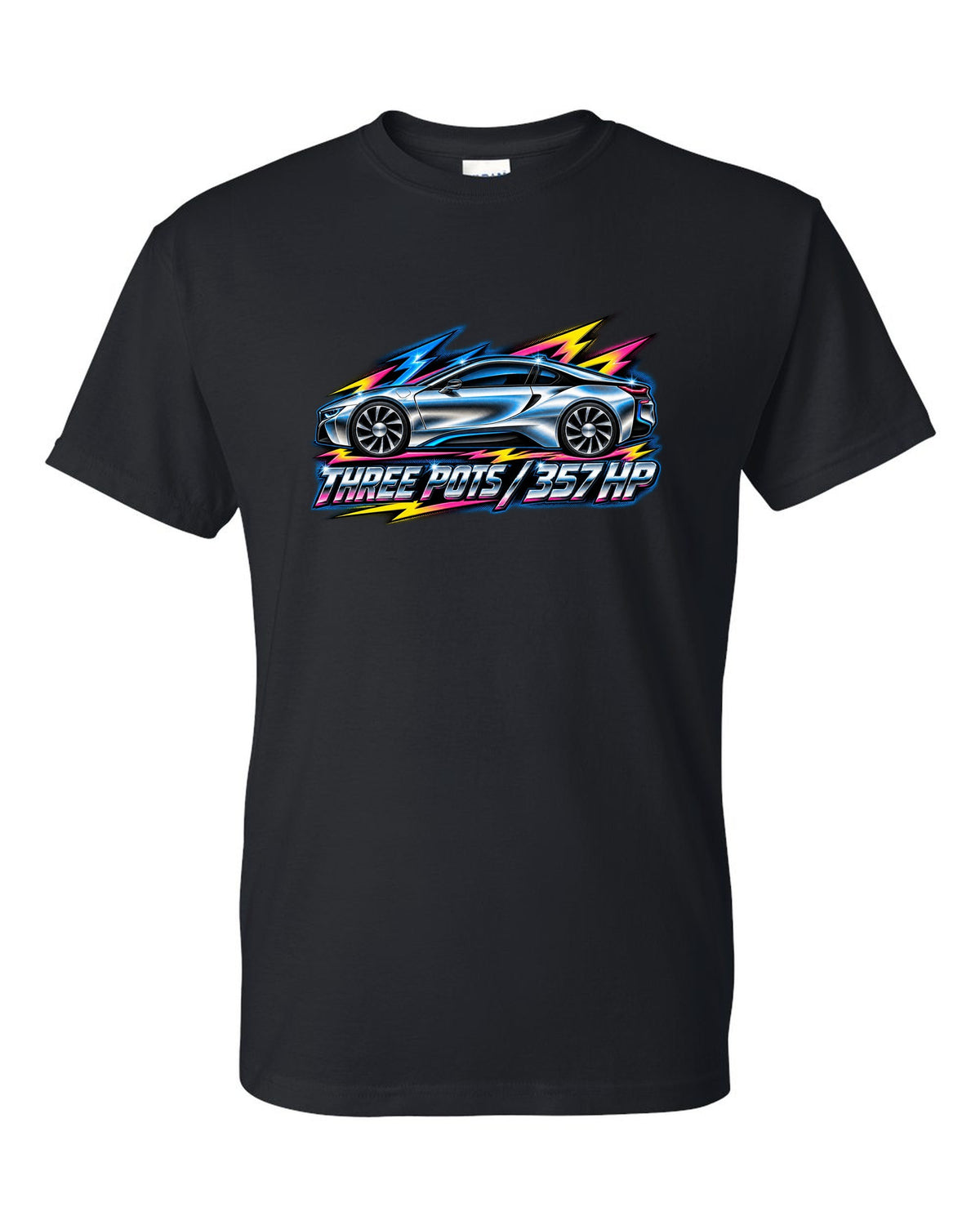 BMW i8 I12 80s airbrush chrome print with three pots 357 HP text black t-shirt front view with the design