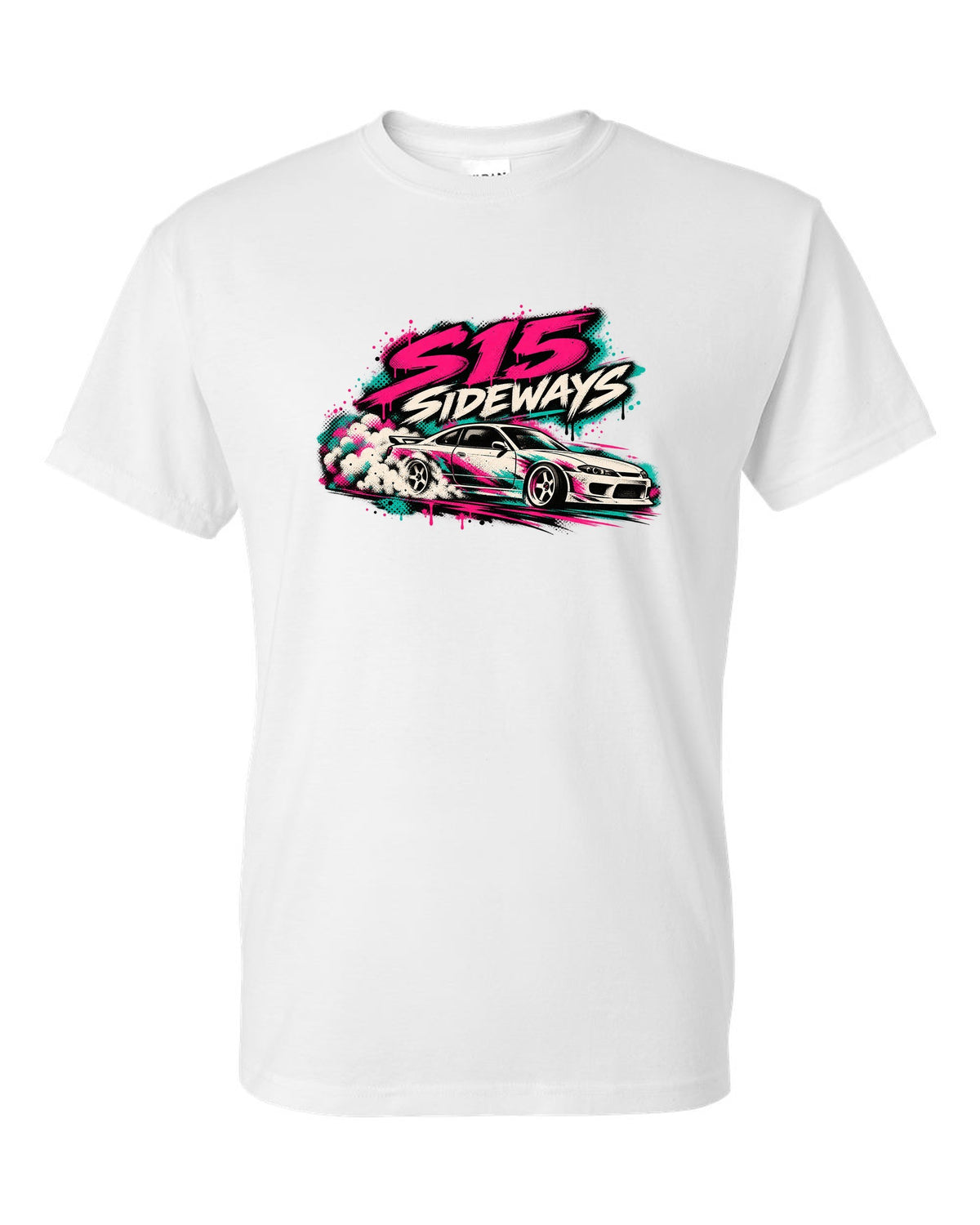 Stencil spray street art print of a Nissan Silvia S15 sliding sideways white t-shirt front view with the design
