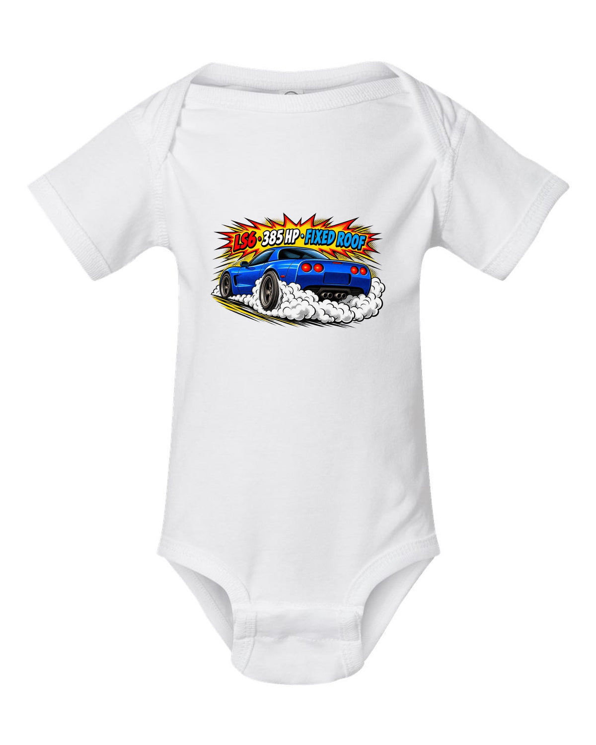 Comic halftone pop-art print of a 2001 Chevrolet Corvette C5 Z06 with LS6 385 HP Fixed Roof text white baby onesie front view with the design