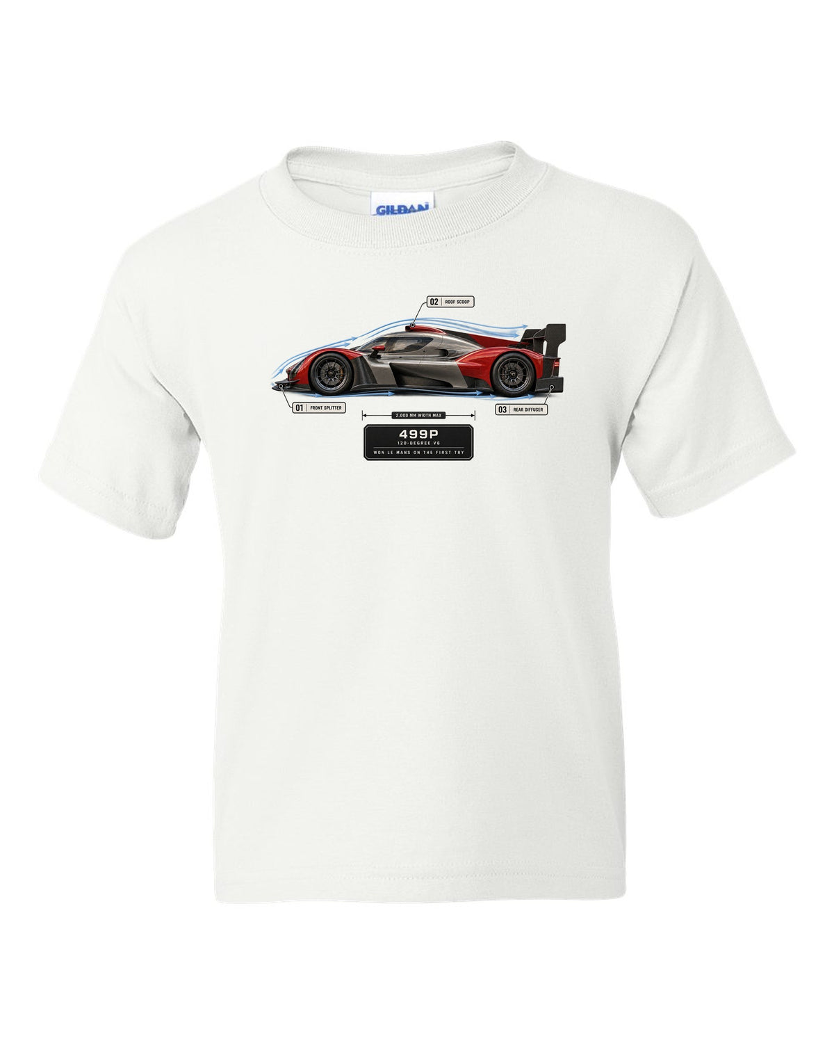 Ferrari 499P Le Mans Hypercar aero callout print with 120-degree V6 white kids tee front view with the design