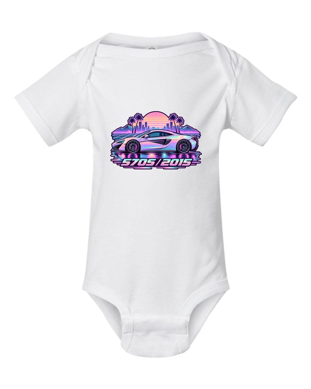 McLaren 570S vaporwave pastel rain print with 570S 2015 lettering white baby onesie front view with the design
