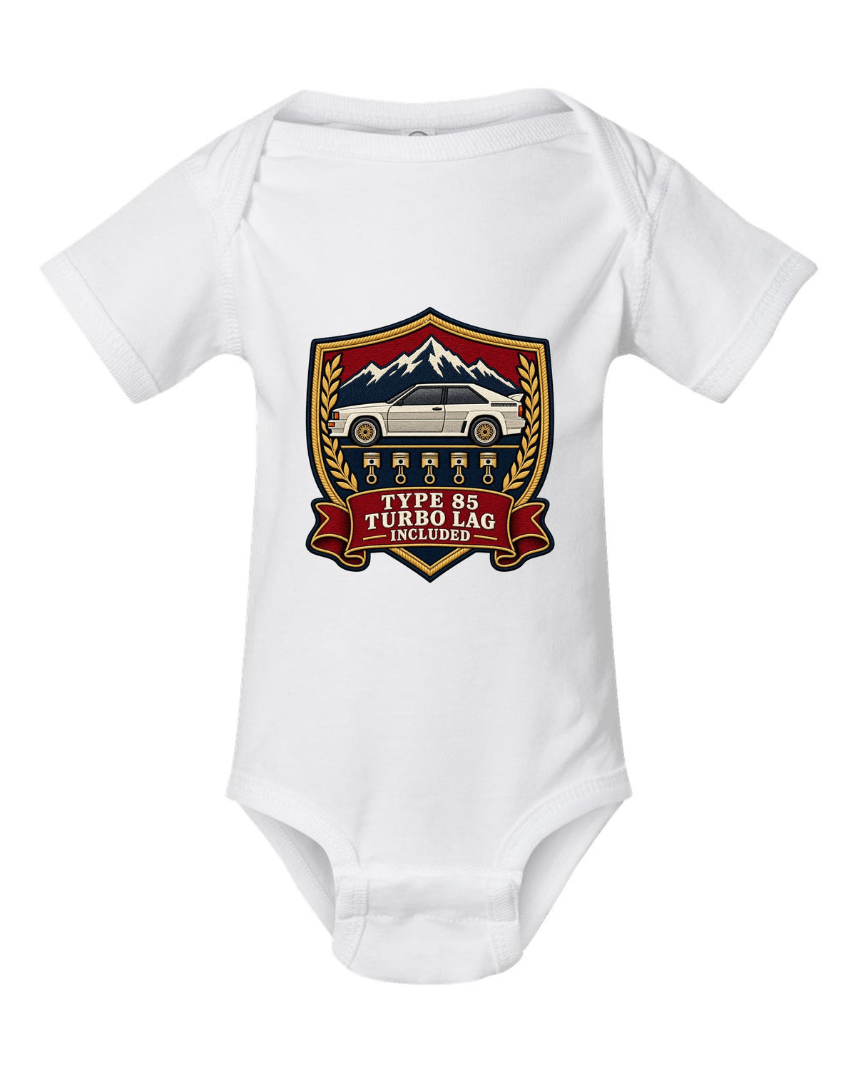 Varsity shield crest print of an Audi Ur-Quattro Type 85 with Turbo Lag Included text white baby onesie front view with the design