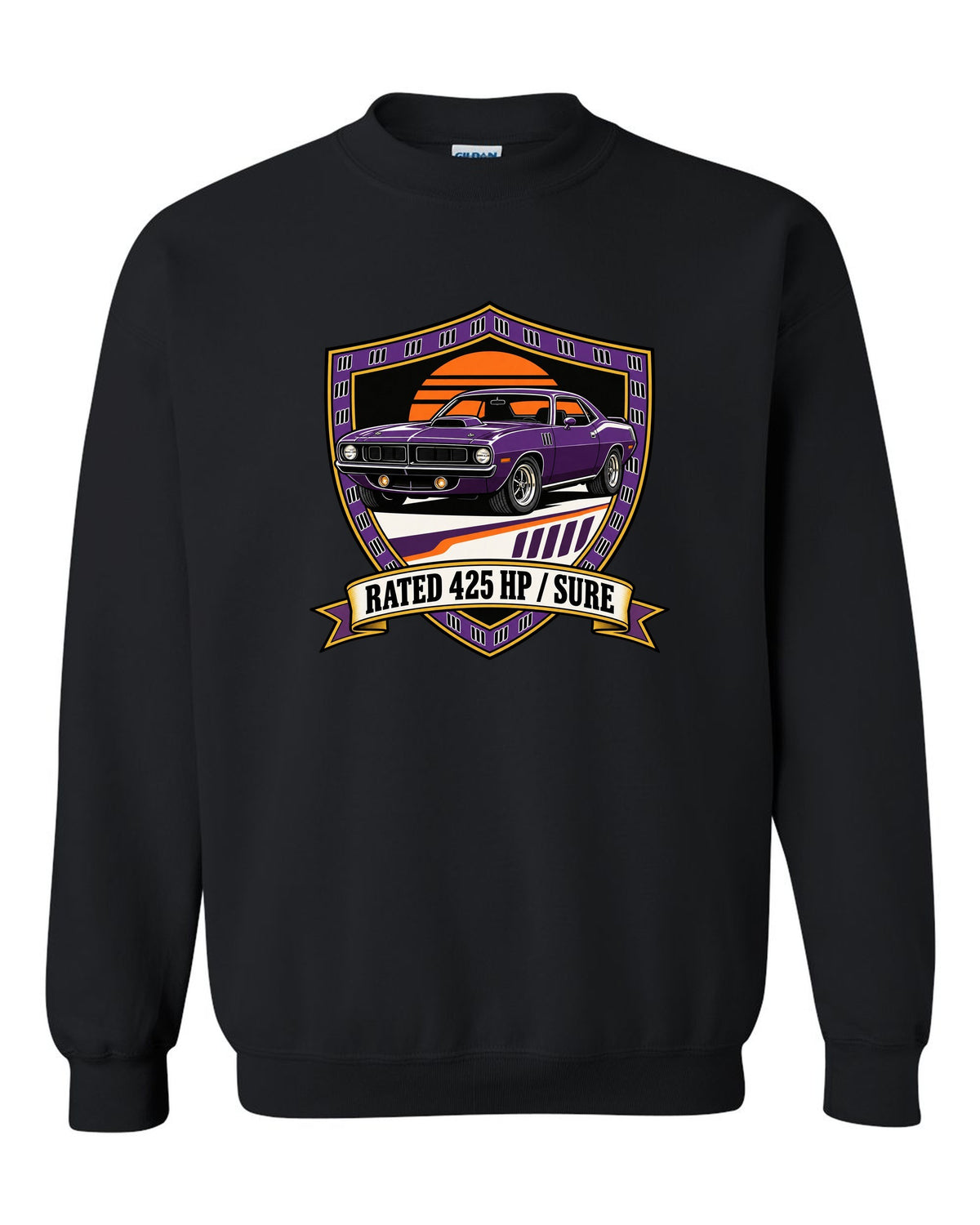 Original shield crest design for a 1970 Plymouth Hemi Cuda with rated 425 HP sure text black crewneck front view with the design