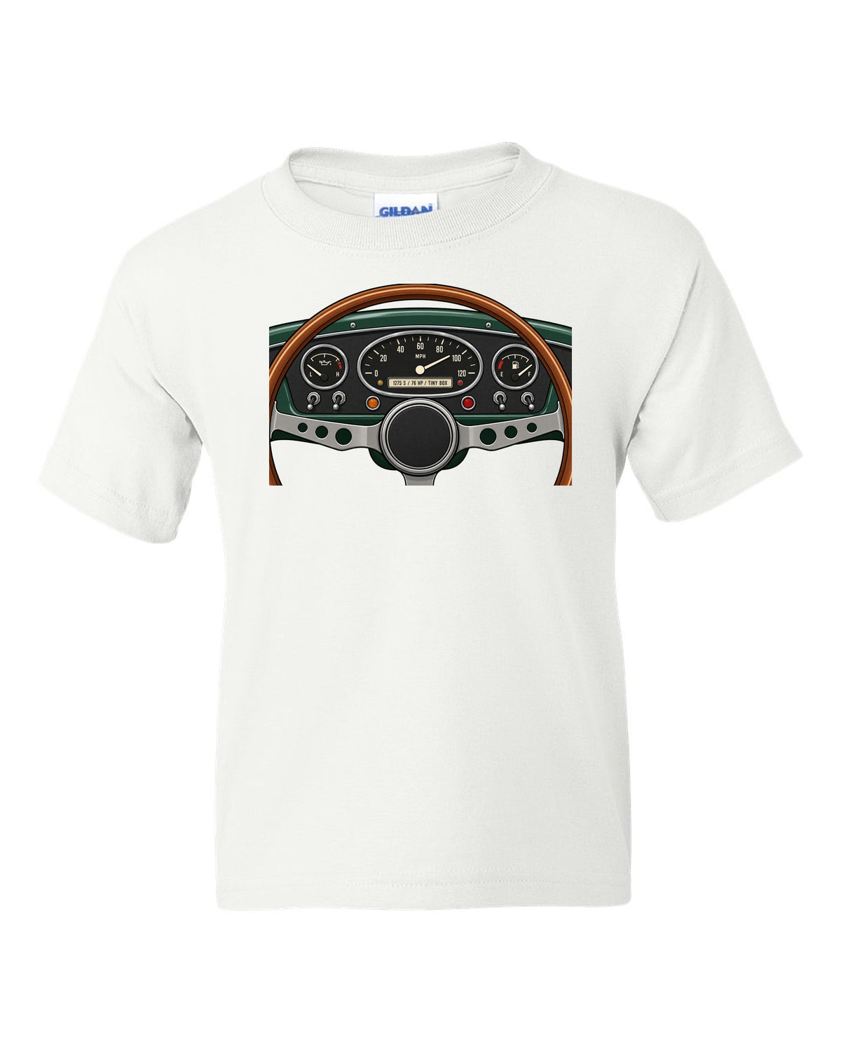 Gauge cluster readout for a classic Mini Cooper S with 1275 S and 76 HP white kids tee front view with the design