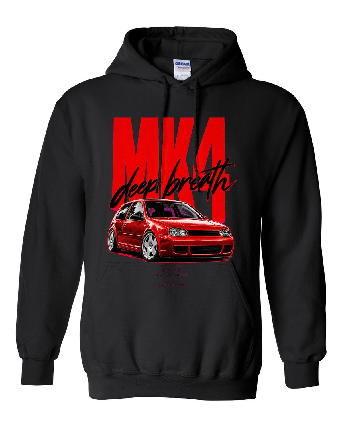 VW Golf R32 Mk4 2002 front three-quarter street poster with 241 PS text black pull over hoodie front view with the design