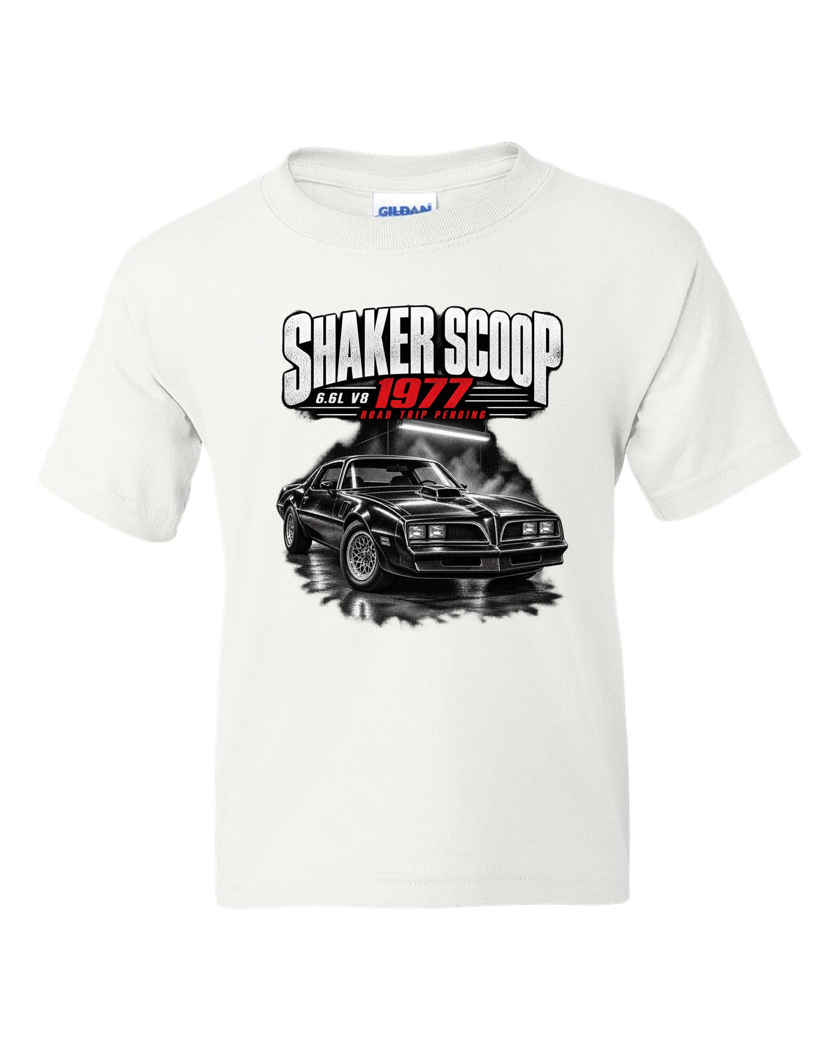 Garage night print of a 1977 Pontiac Firebird Trans Am with shaker scoop white kids tee front view with the design