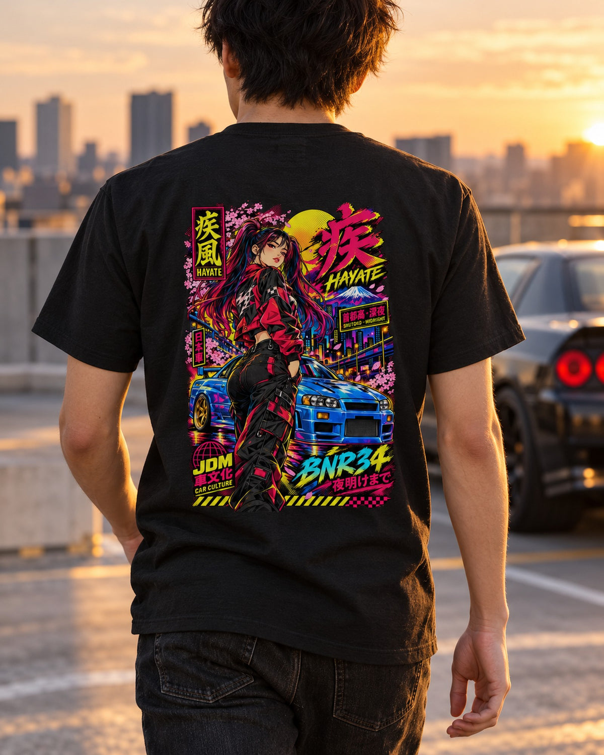 HAYATE BNR34 Anime Girl Full-Back Graphic Tee T-Shirt Black worn hero