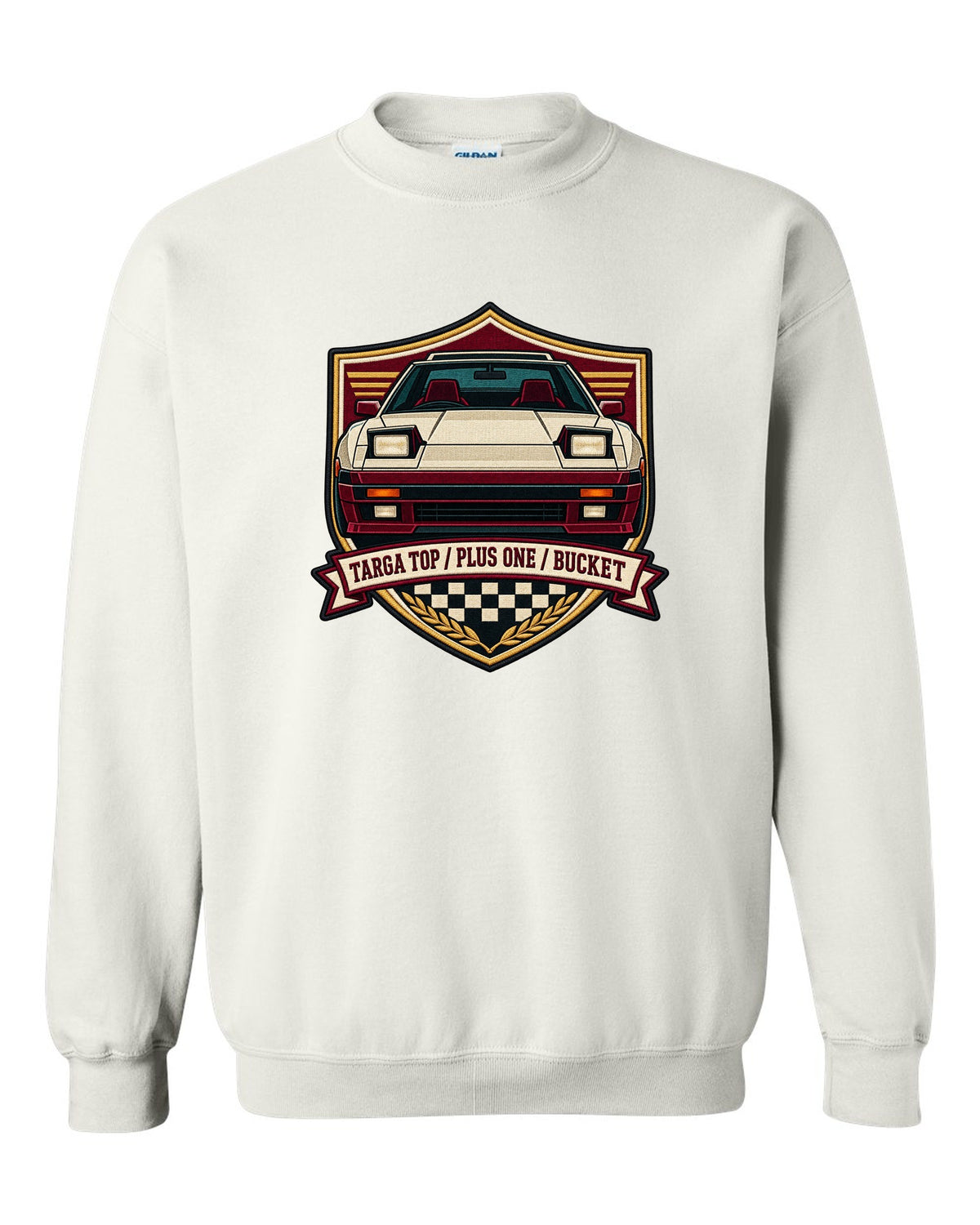 Shield crest design for the Toyota Supra A70 MA70 with pop-up headlights white crewneck front view with the design