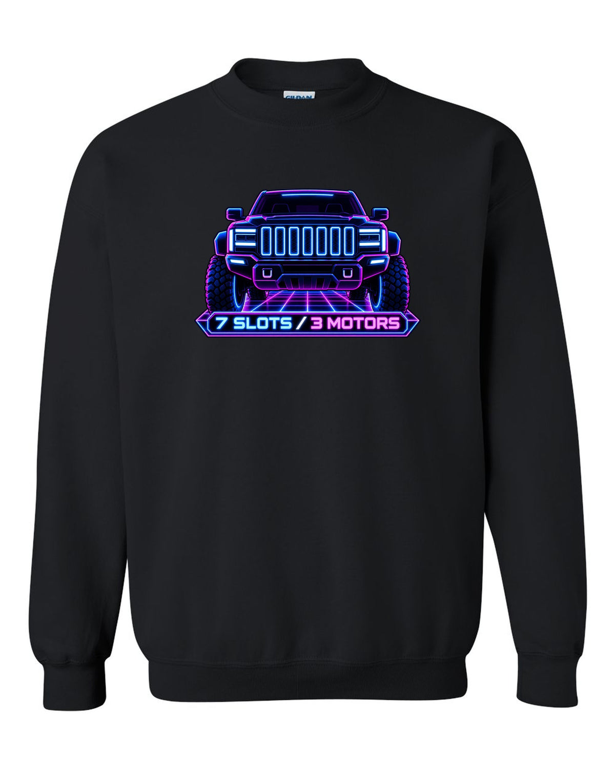 GMC Hummer EV neon vector grille panel print with seven slots and three motors black crewneck front view with the design