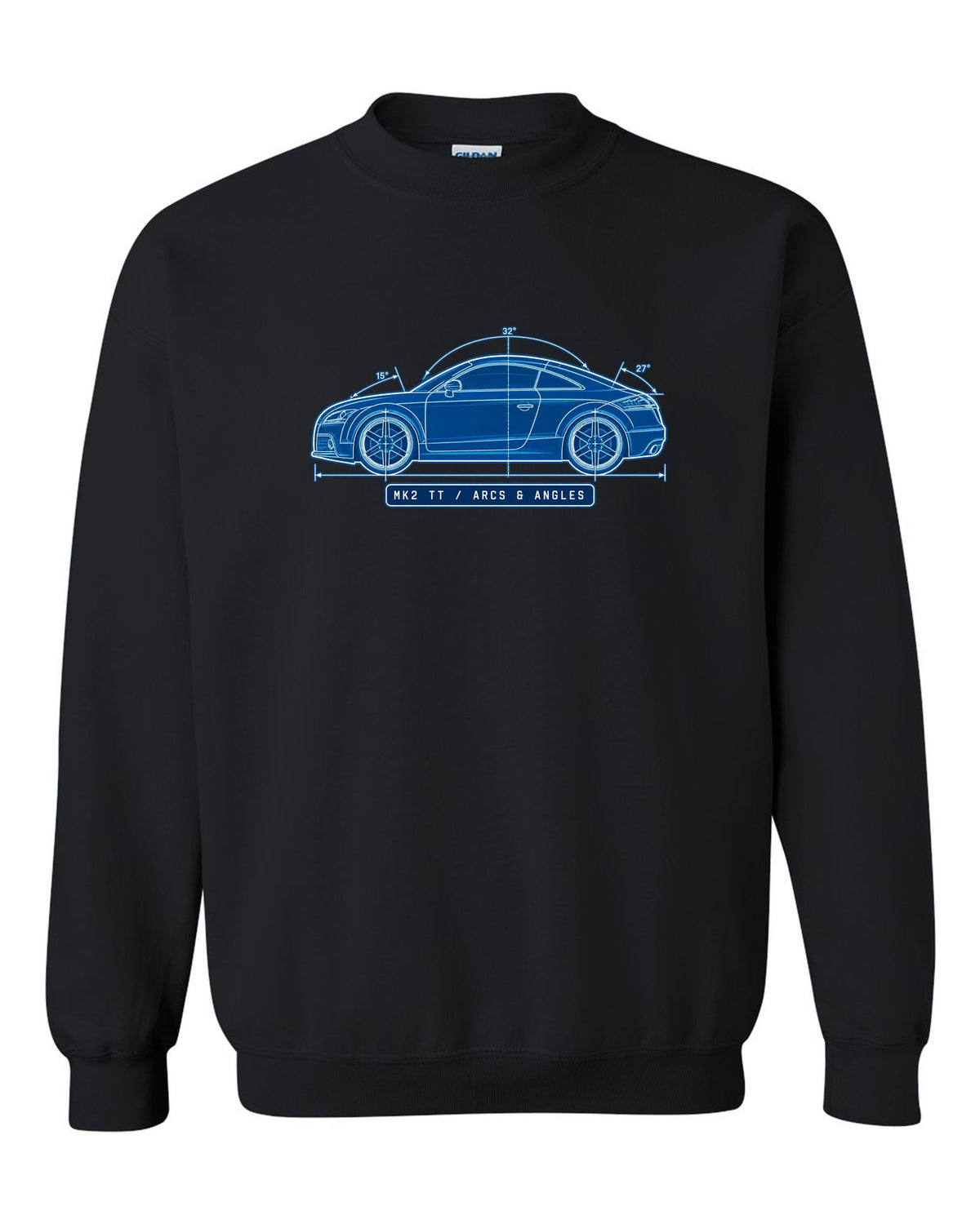 Cyanotype negative blueprint print of an Audi TT 8J coupe with Mk2 TT text black crewneck front view with the design