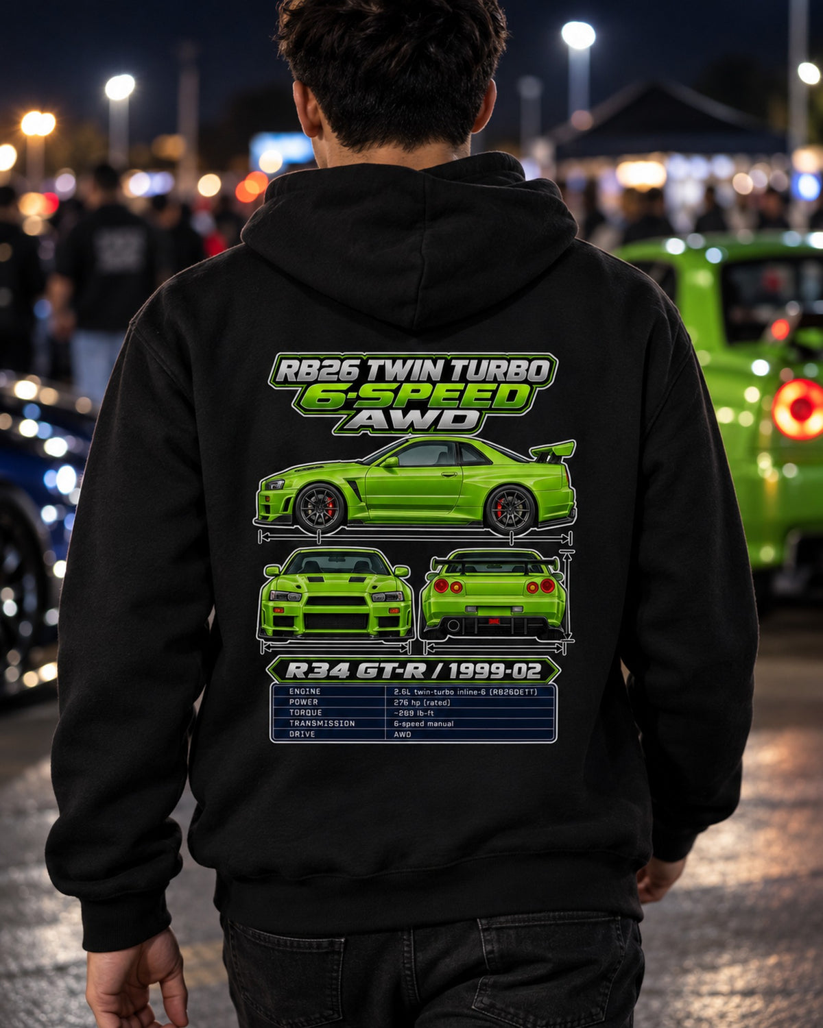 Nissan Skyline Gt R R34 Spec Sheet Full-Back Graphic Tee Pull Over Hoodie Black worn hero