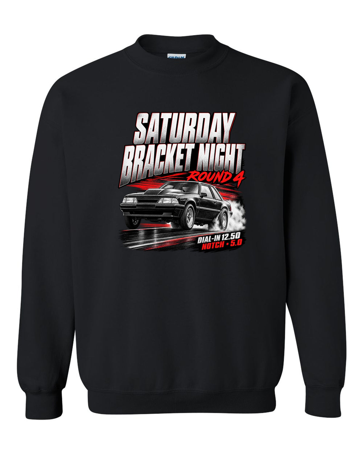 Race poster illustration of a Fox body Mustang notchback drag build for bracket night round 4 black crewneck front view with the design