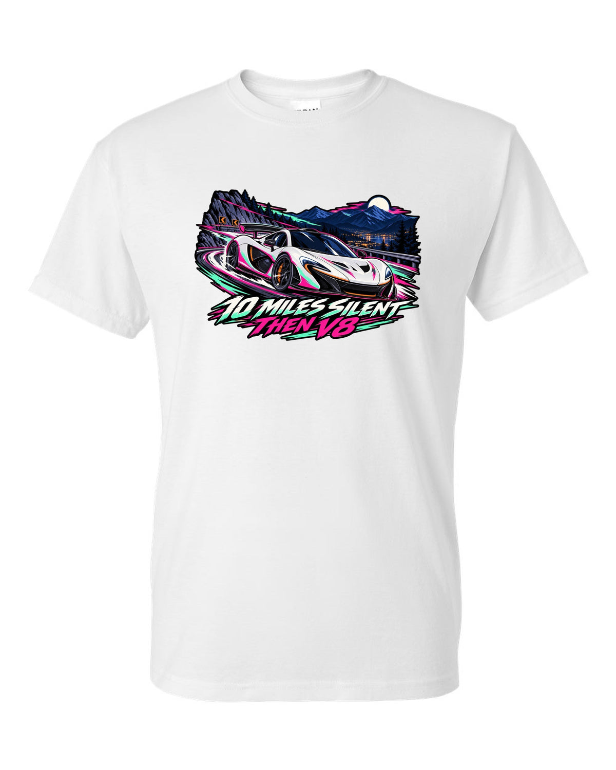 Cel-shaded anime night touge print of a McLaren P1 with 10 Miles Silent Then V8 lettering white t-shirt front view with the design