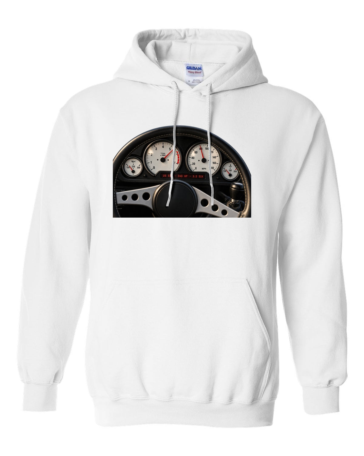 BMW E36 M3 coupe US S52 cockpit gauge print with 240 HP and 3.2 six text white pull over hoodie front view with the design