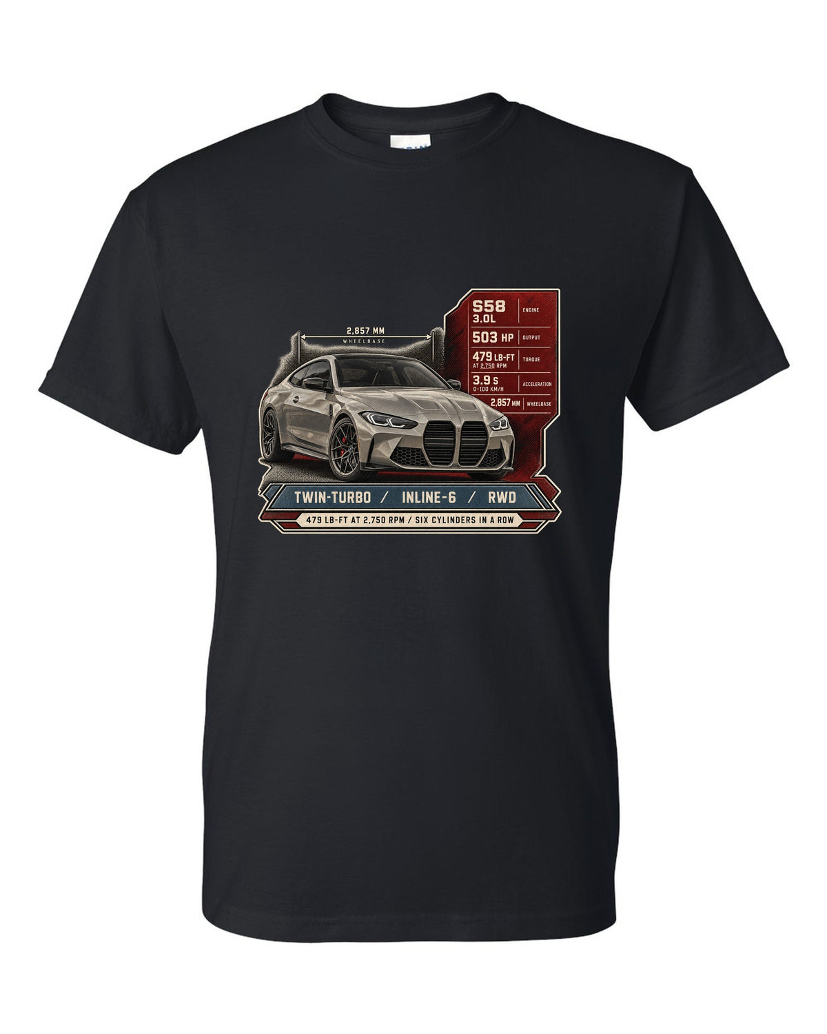 BMW M4 Competition G82 spec poster print with 479 lb-ft and six cylinders in a row black t-shirt front view with the design