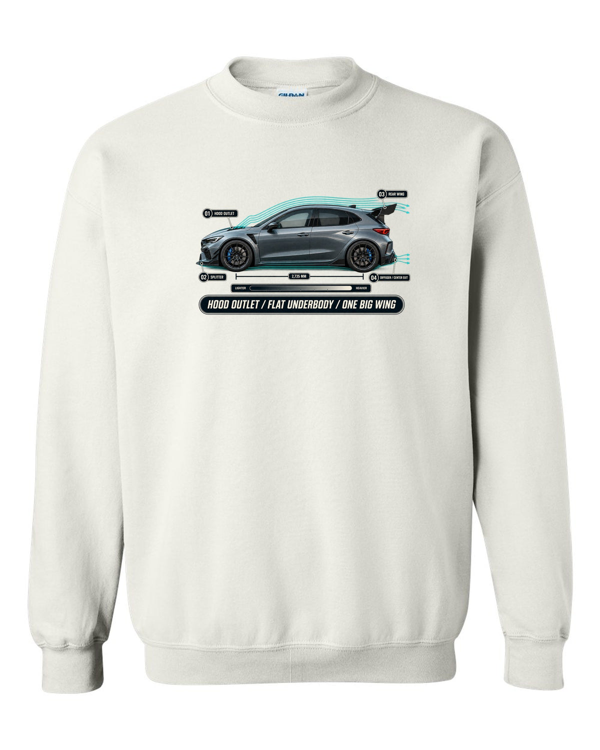 Honda Civic Type R FL5 Airflow Callouts white crewneck front view with the design