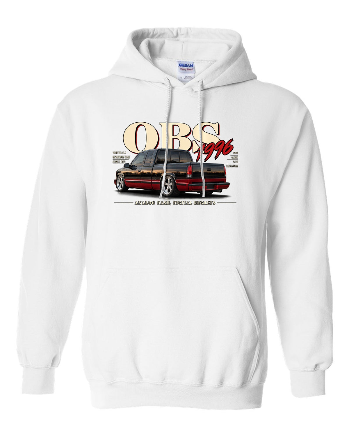 1996 OBS Chevy C1500 extended cab editorial headline print white pull over hoodie front view with the design