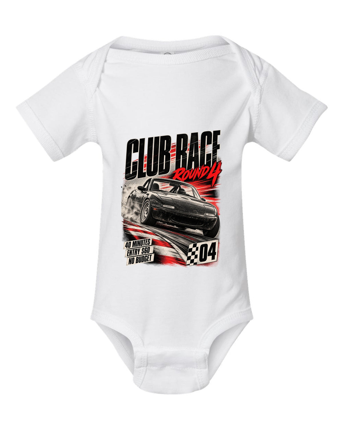 Race poster print for the Mazda MX-5 NA 1989-97 reading club race round 4, 40 minutes, entry $60 white baby onesie front view with the design