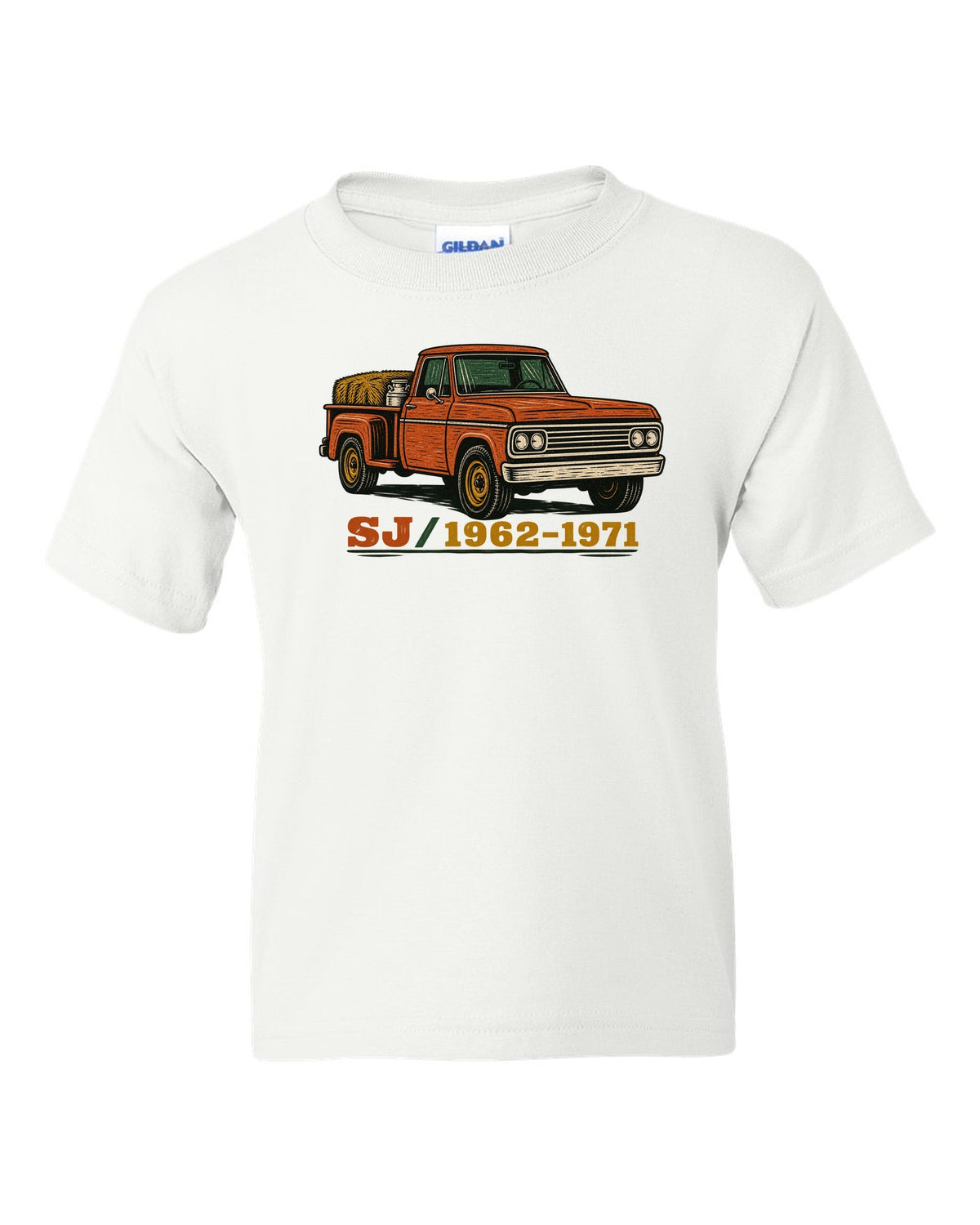 Woodcut style print of a Jeep Gladiator SJ pickup with SJ 1962-1971 lettering white kids tee front view with the design