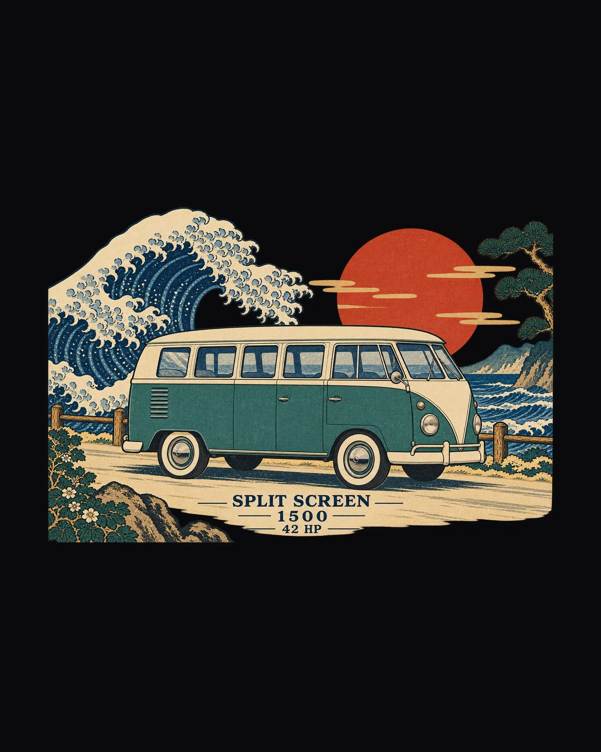 Split Screen VW Bus T1 1963 Woodblock Wave Shirt, 1500 Engine design only
