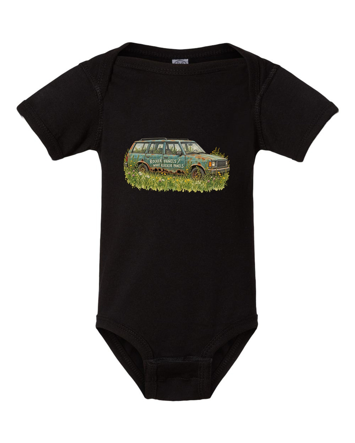 Watercolour print of a Jeep Cherokee XJ in a meadow with a rocker panel joke black baby onesie front view with the design