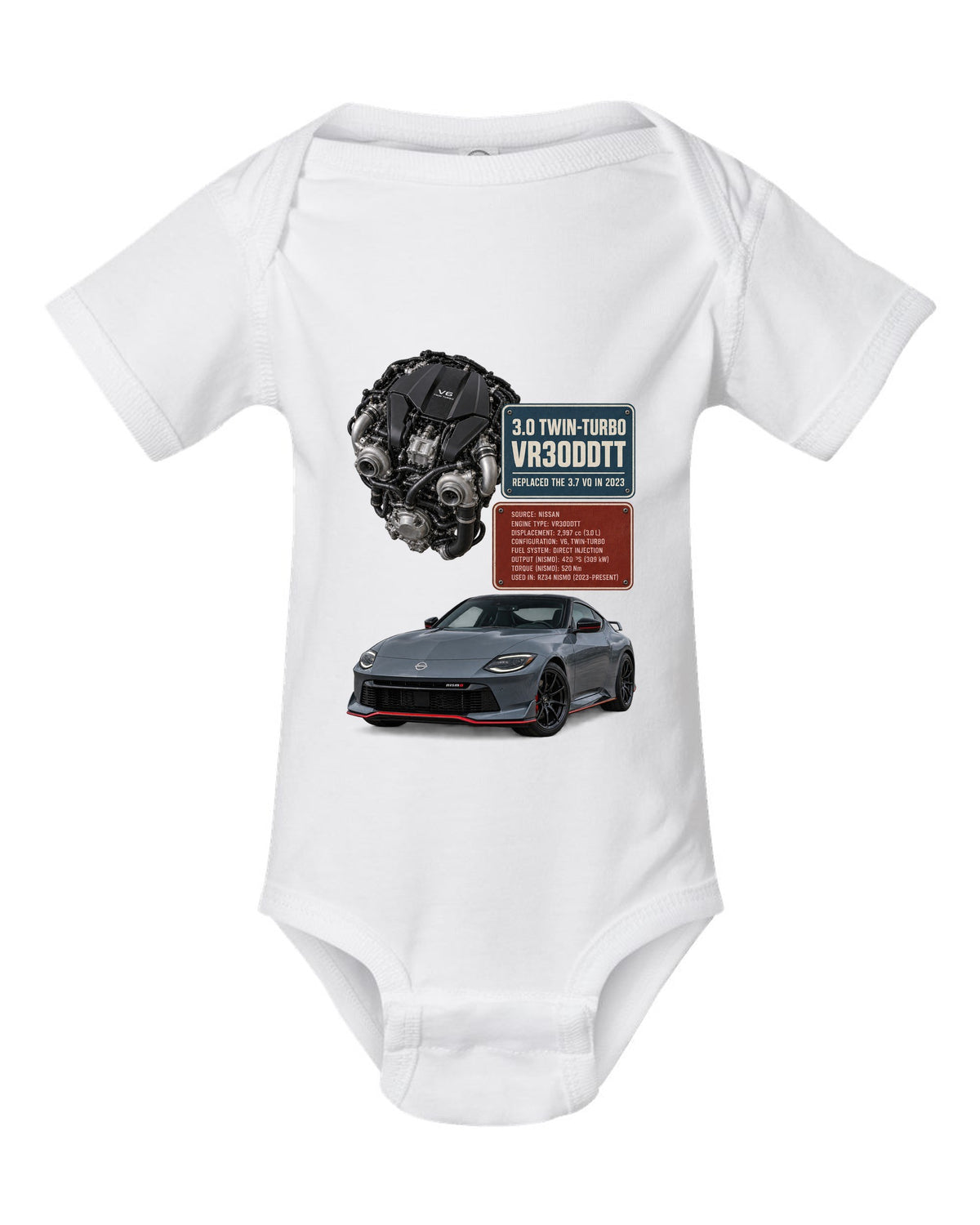 Three-view drawing and spec table of a 2023 Nissan Z RZ34 Performance in steel blue, six-speed manual white baby onesie front view with the design