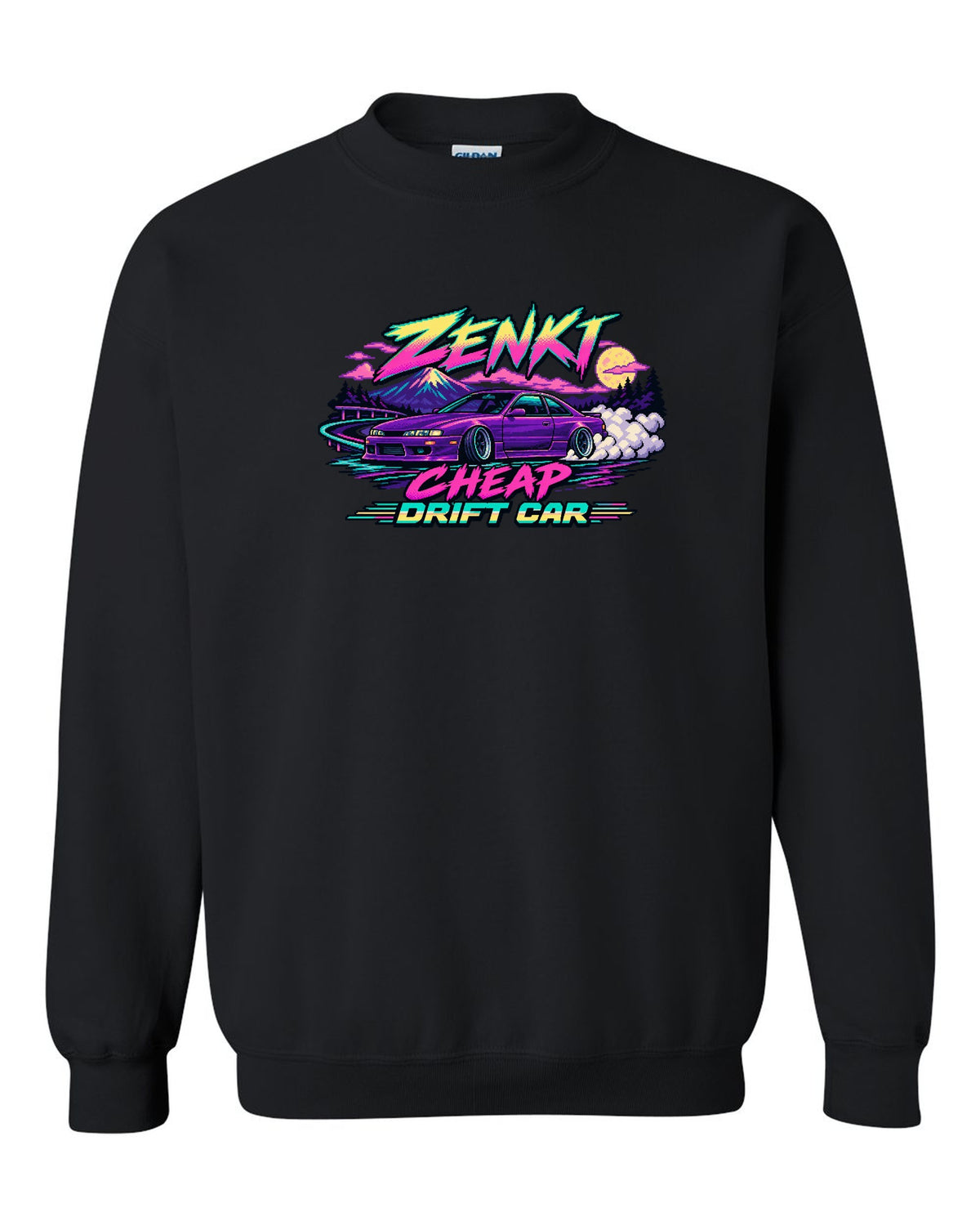 16-bit pixel art print of a Nissan Silvia S14 zenki drift car black crewneck front view with the design