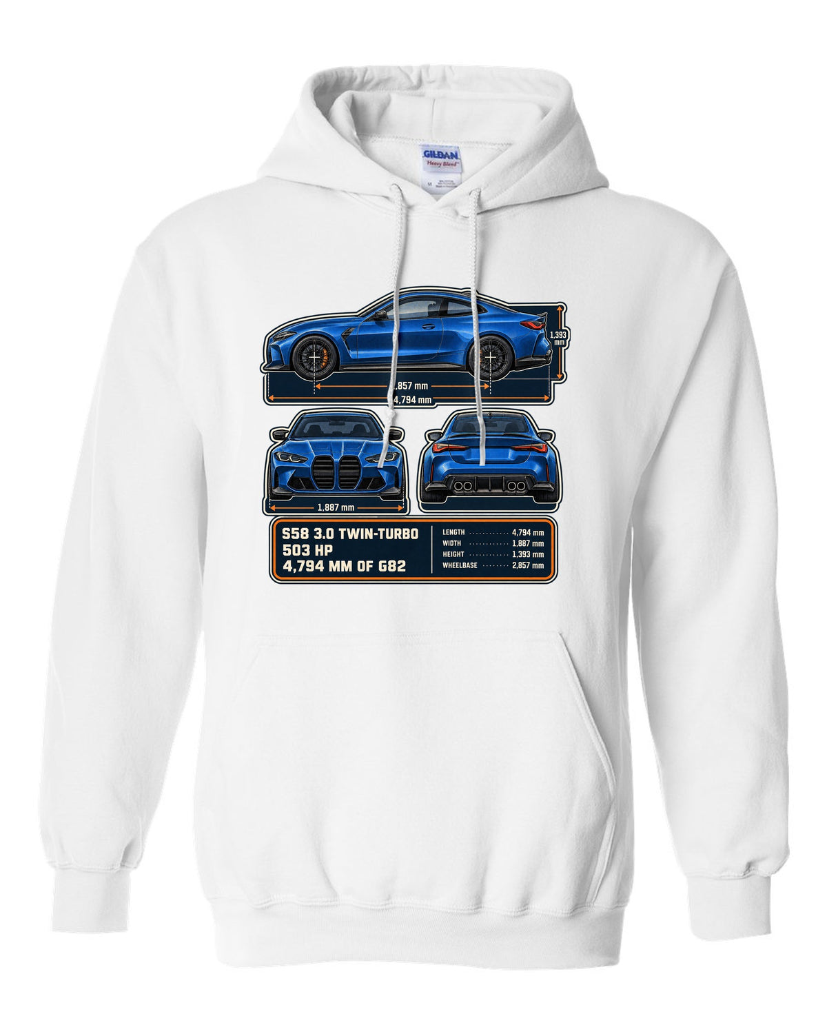 BMW M4 Competition G82 dimension blueprint print with S58 specs white pull over hoodie front view with the design