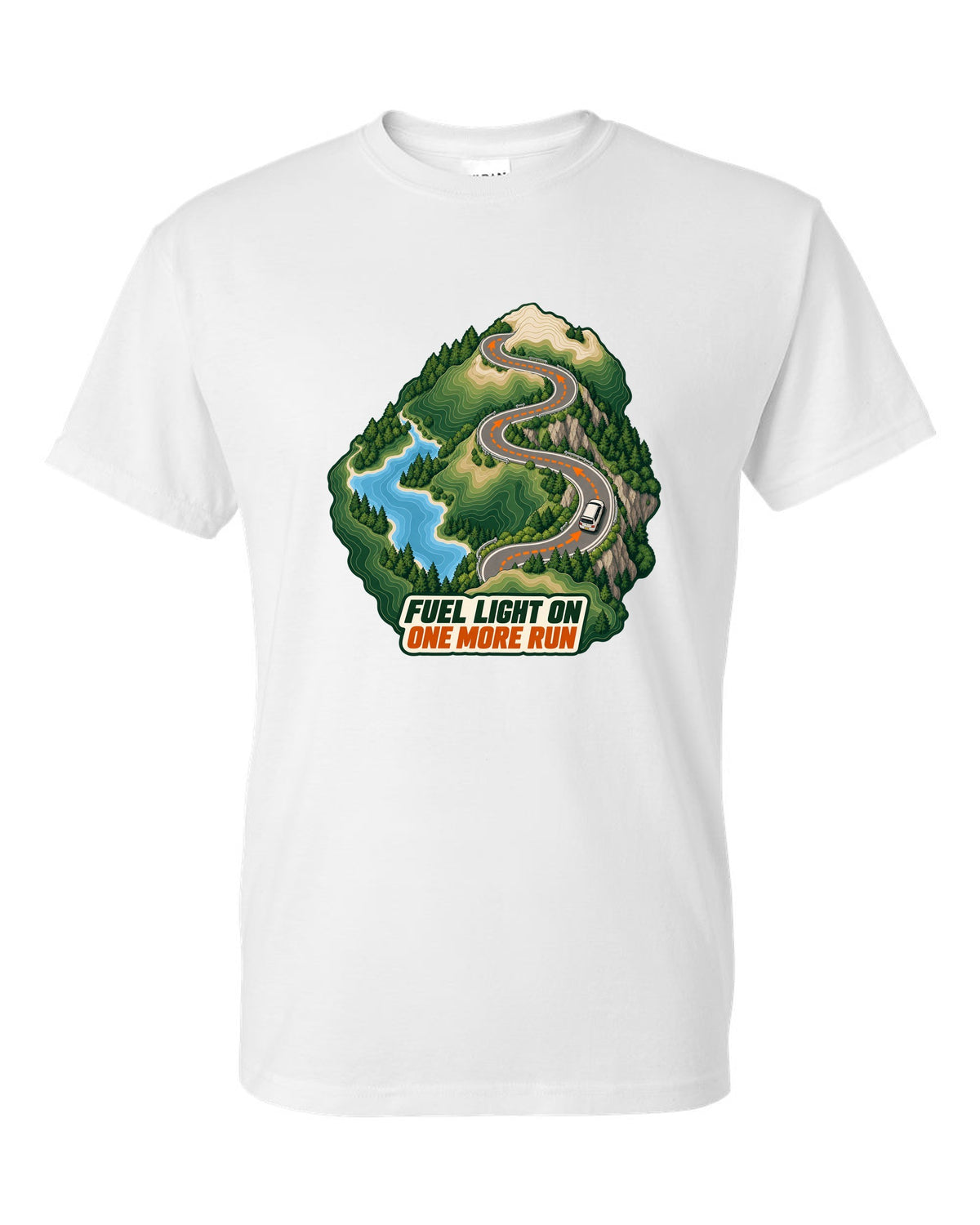 Topographic route map print of a Toyota Corolla Levin AE86 with Fuel Light On lettering white t-shirt front view with the design