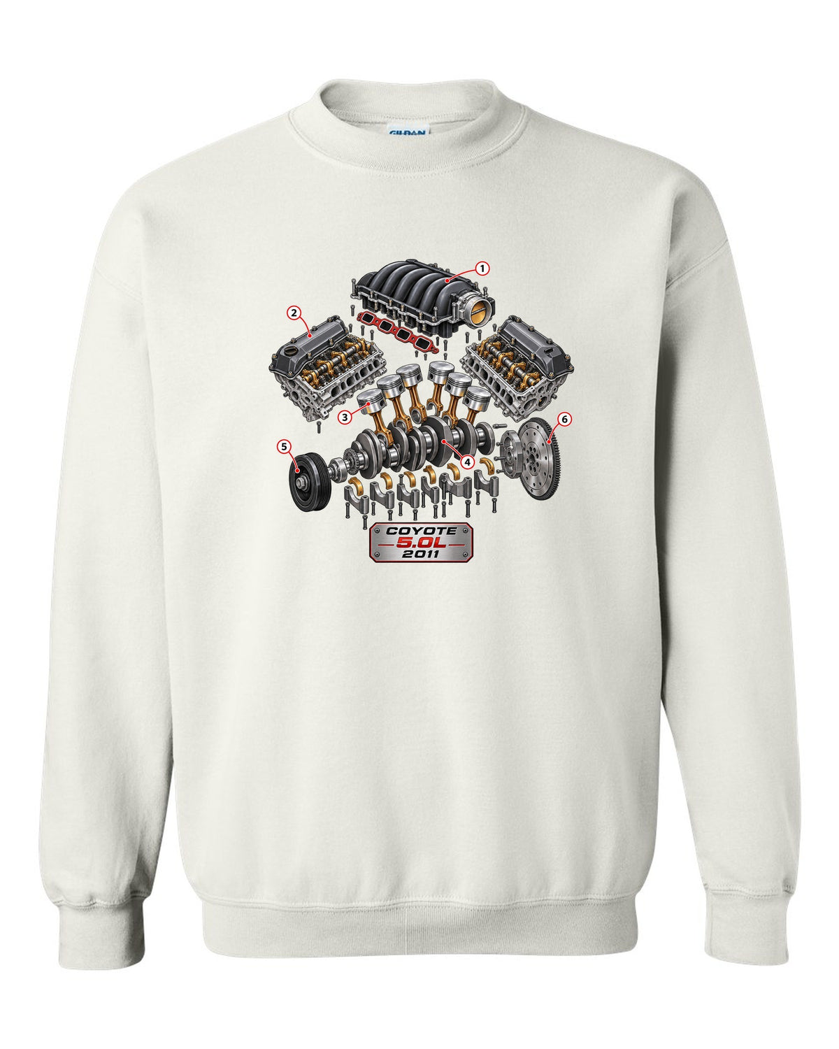 Isometric exploded cutaway of a Ford Coyote 5.0L engine for the S197 Mustang white crewneck front view with the design