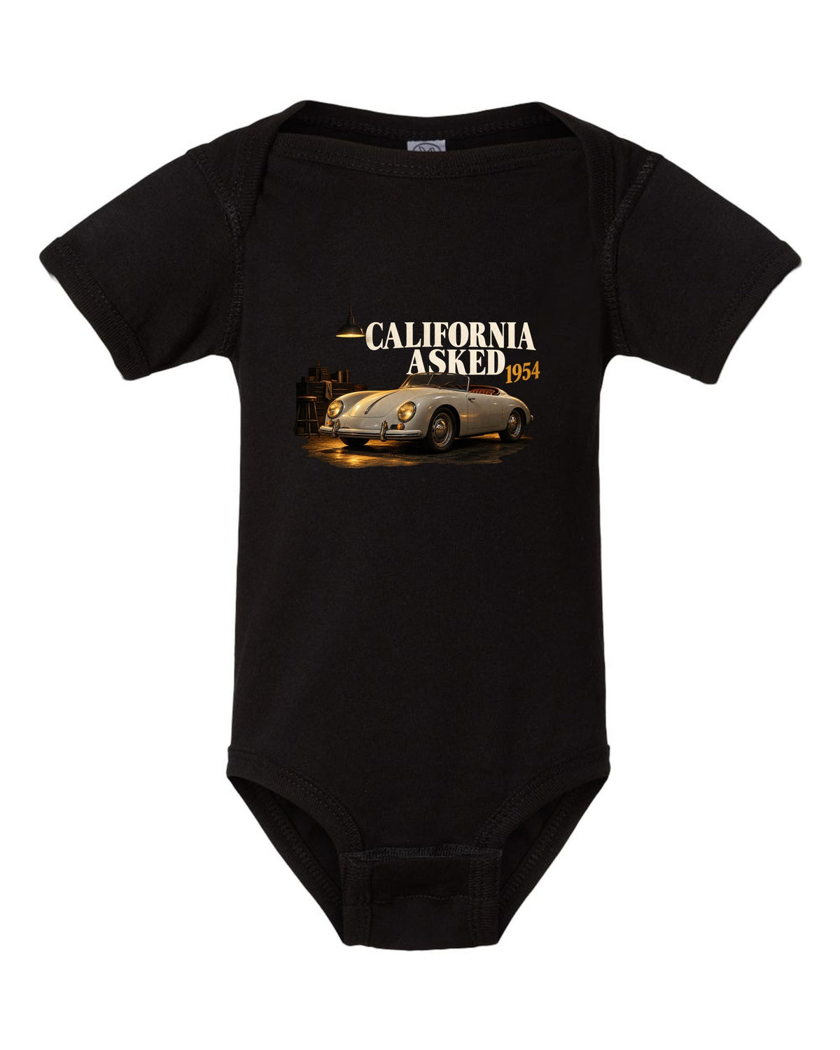 Garage night print of a 1954 Porsche 356 A Speedster with the caption California Asked black baby onesie front view with the design