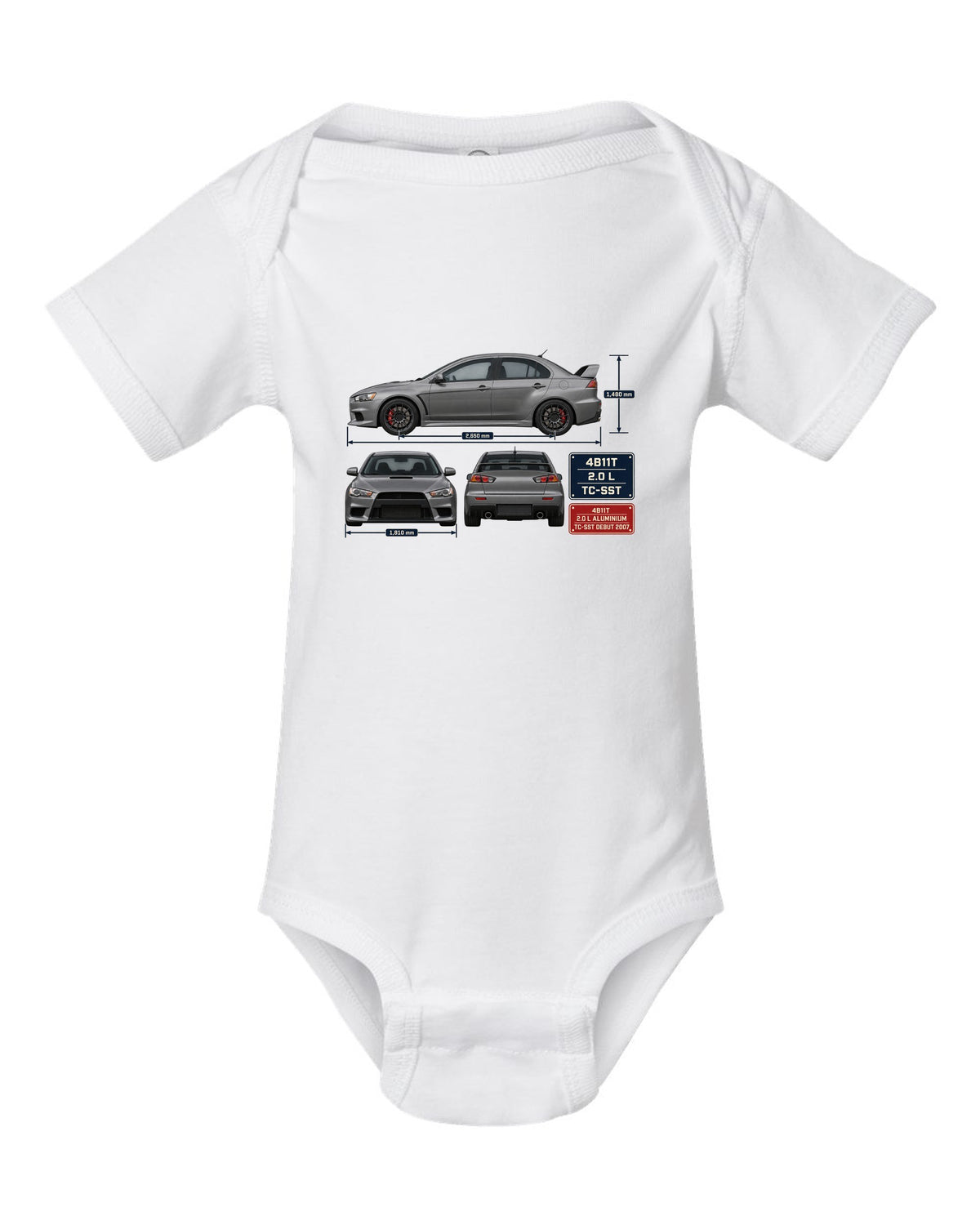 Evo X GSR Three-View Spec Table Tee, Mitsubishi Lancer white baby onesie front view with the design