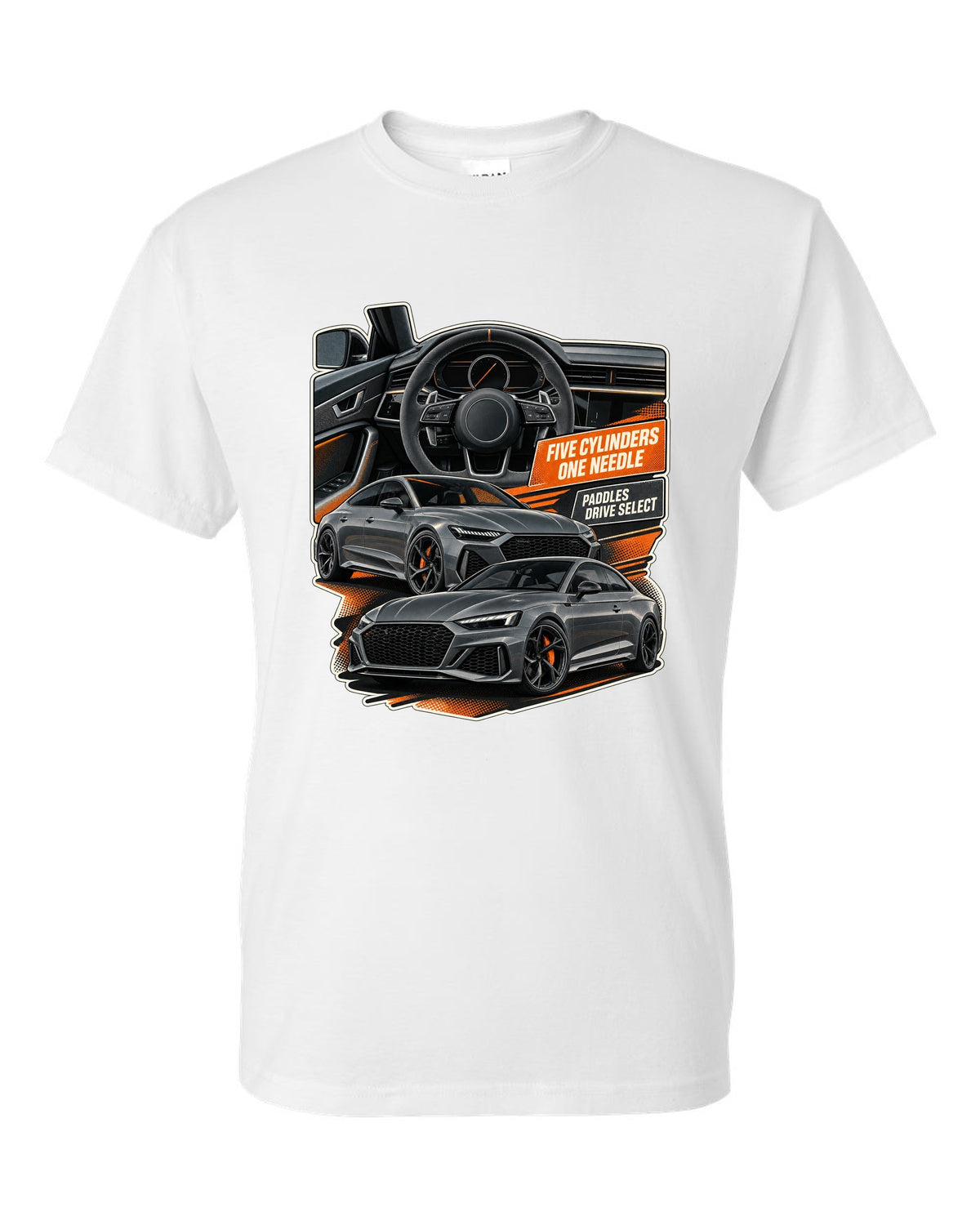 Interior and gauge cluster print of an Audi RS3 8Y white t-shirt front view with the design