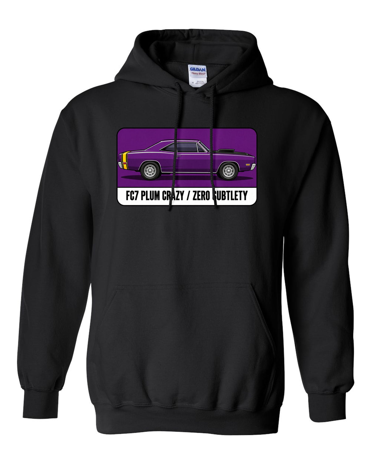 Pantone-style swatch print of a 1969 Dodge Coronet Super Bee in Plum Crazy black pull over hoodie front view with the design