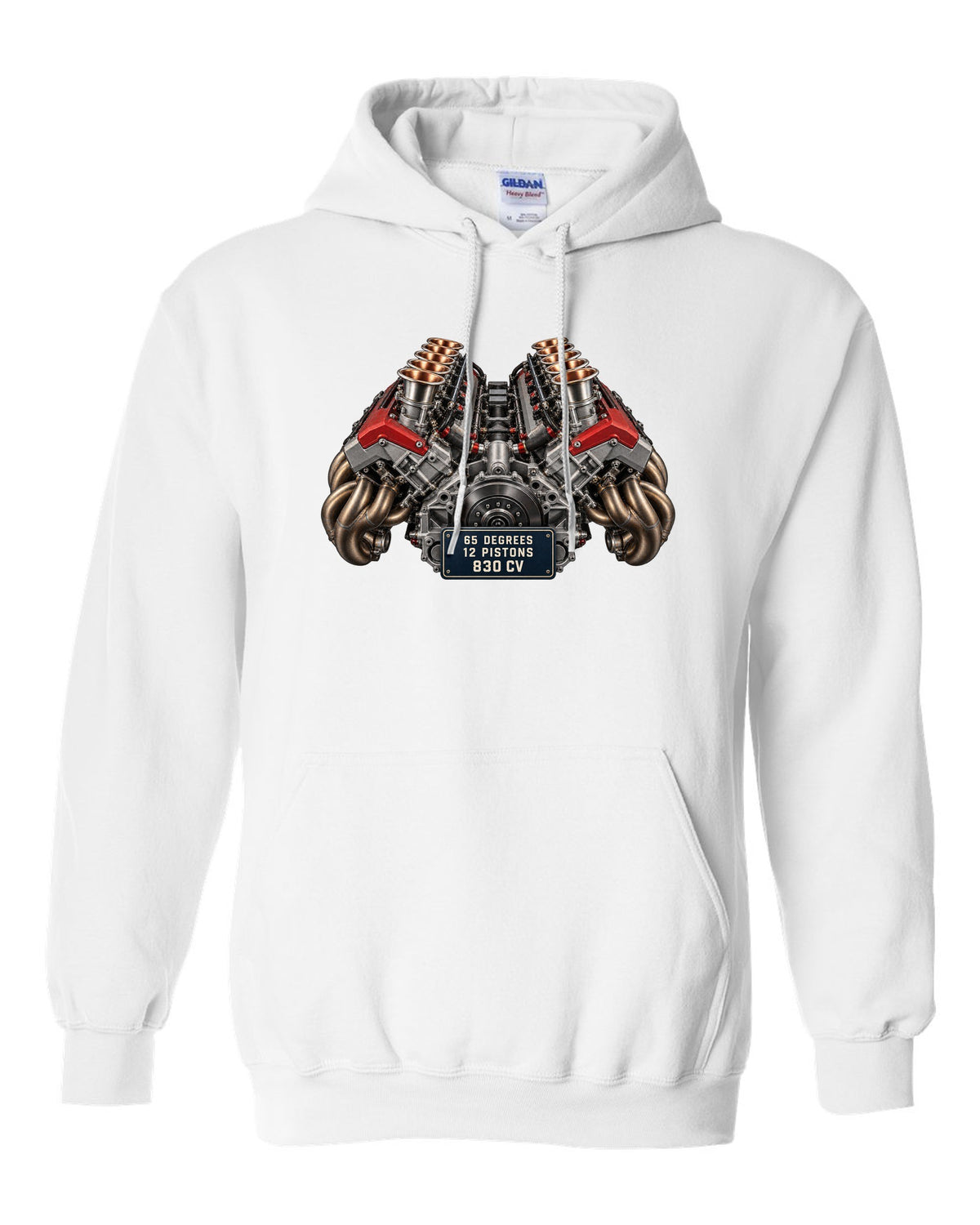 Engine bay print of the Ferrari 12Cilindri F140HD V12 white pull over hoodie front view with the design