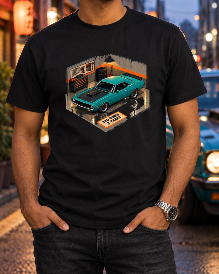 1970 Plymouth AAR 'Cuda Garage Floor Diorama Shirt T-Shirt Black worn hero