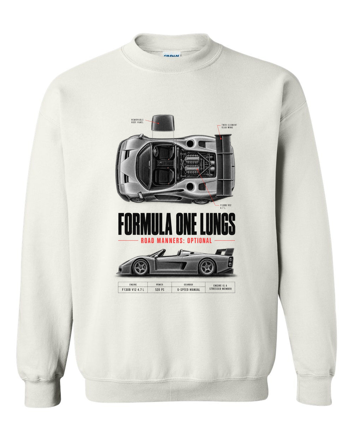 Ferrari F50 1995 top-down and profile spec poster print, F130B V12 4.7 L white crewneck front view with the design